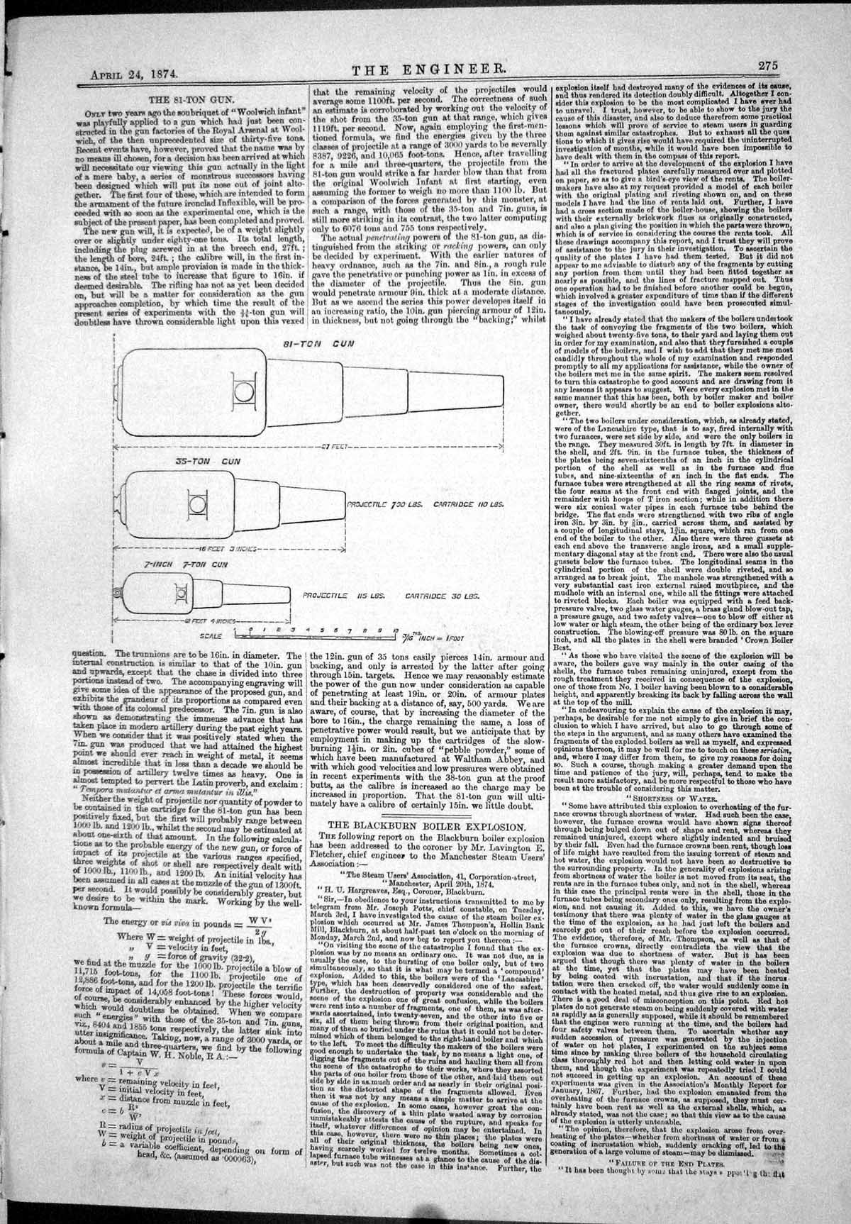 Old Engineering 1874 81-Ton Gun Diagrams Cross Section Boiler House P Victorian