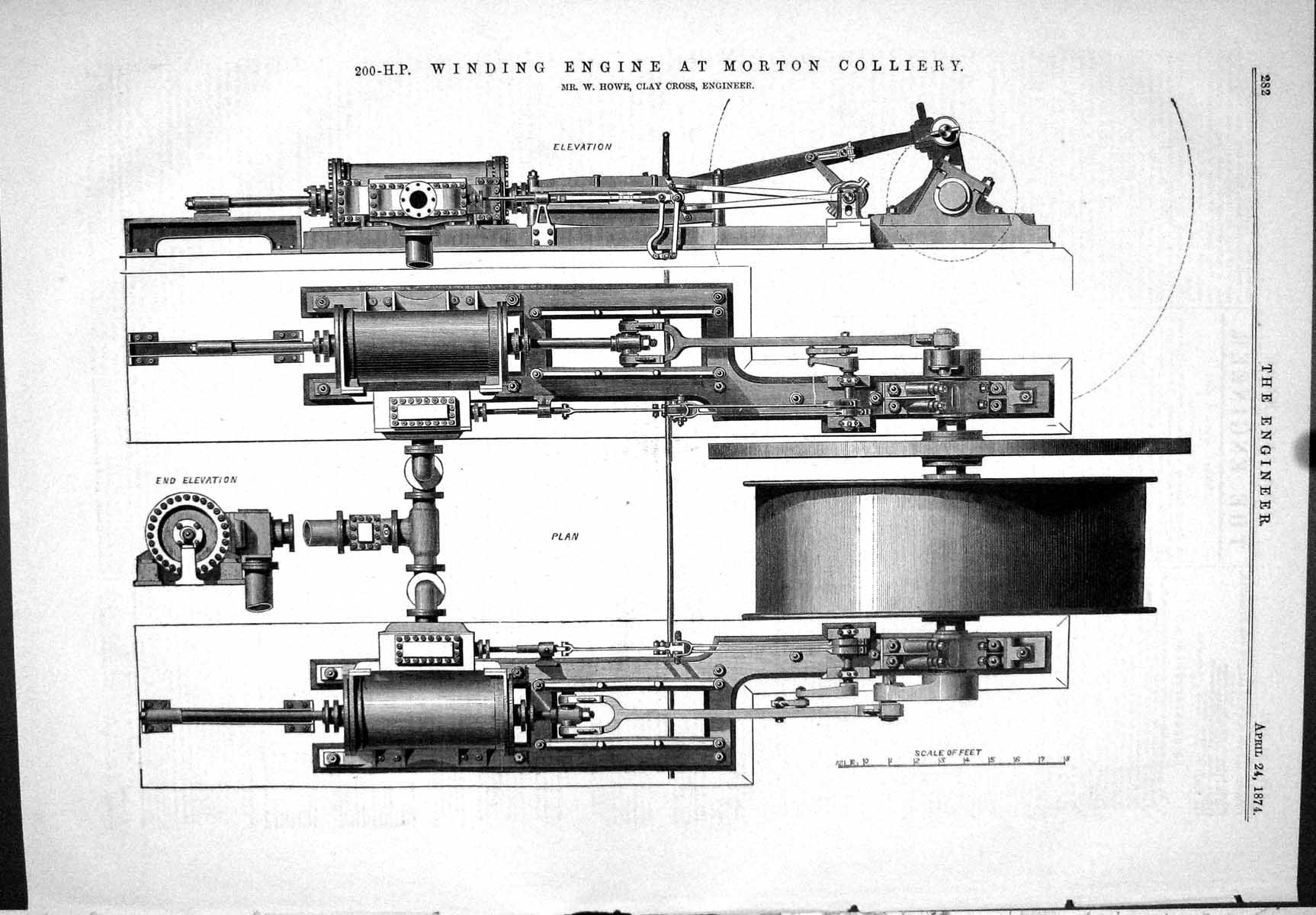 Antique Old Print 200-H-P Winding Engine Morton Colliery Howe Clay Cross 1874