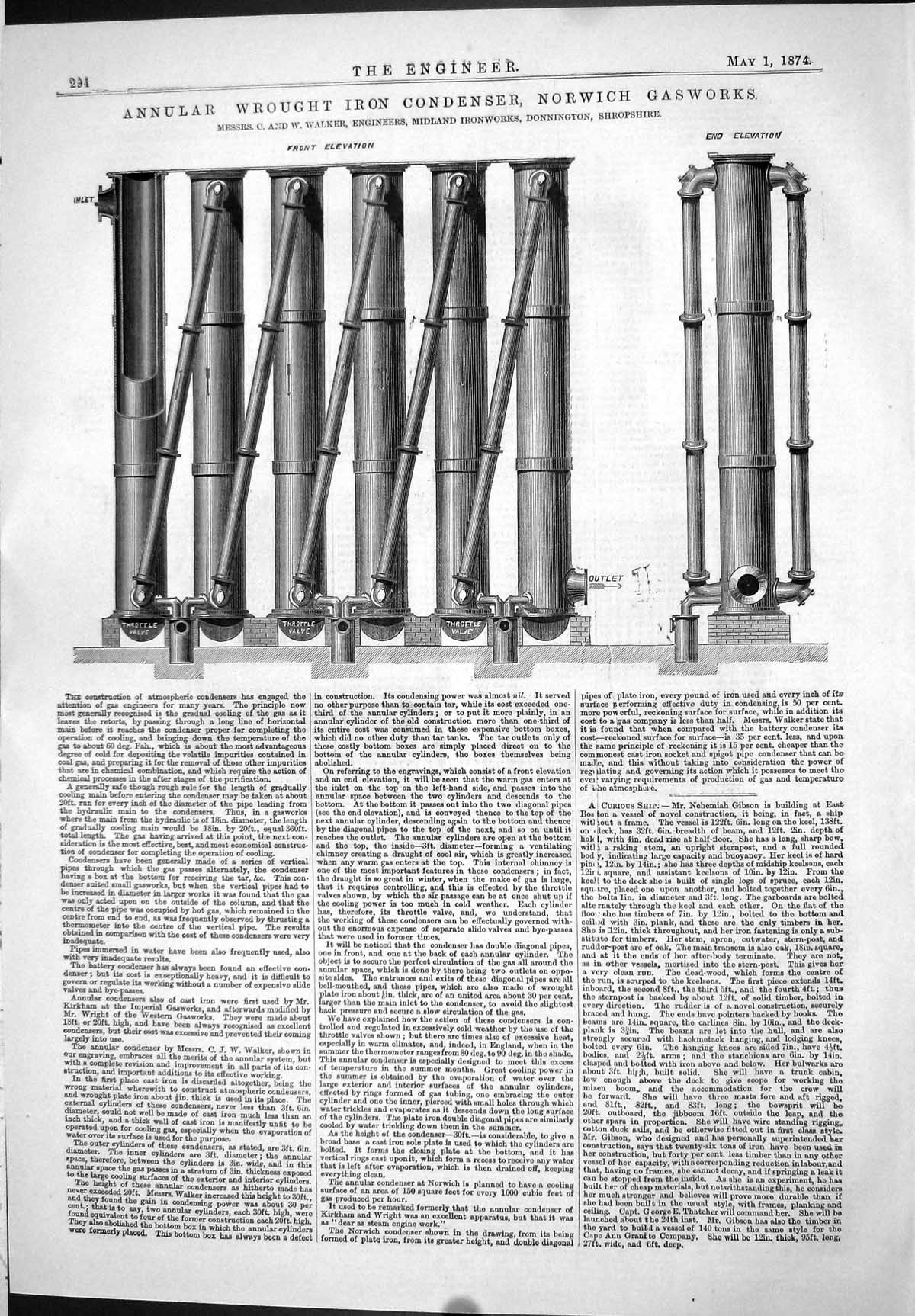 Antique Old Print 1874 Annular Wrought Iron Condenser Norwich Gasworks Walker