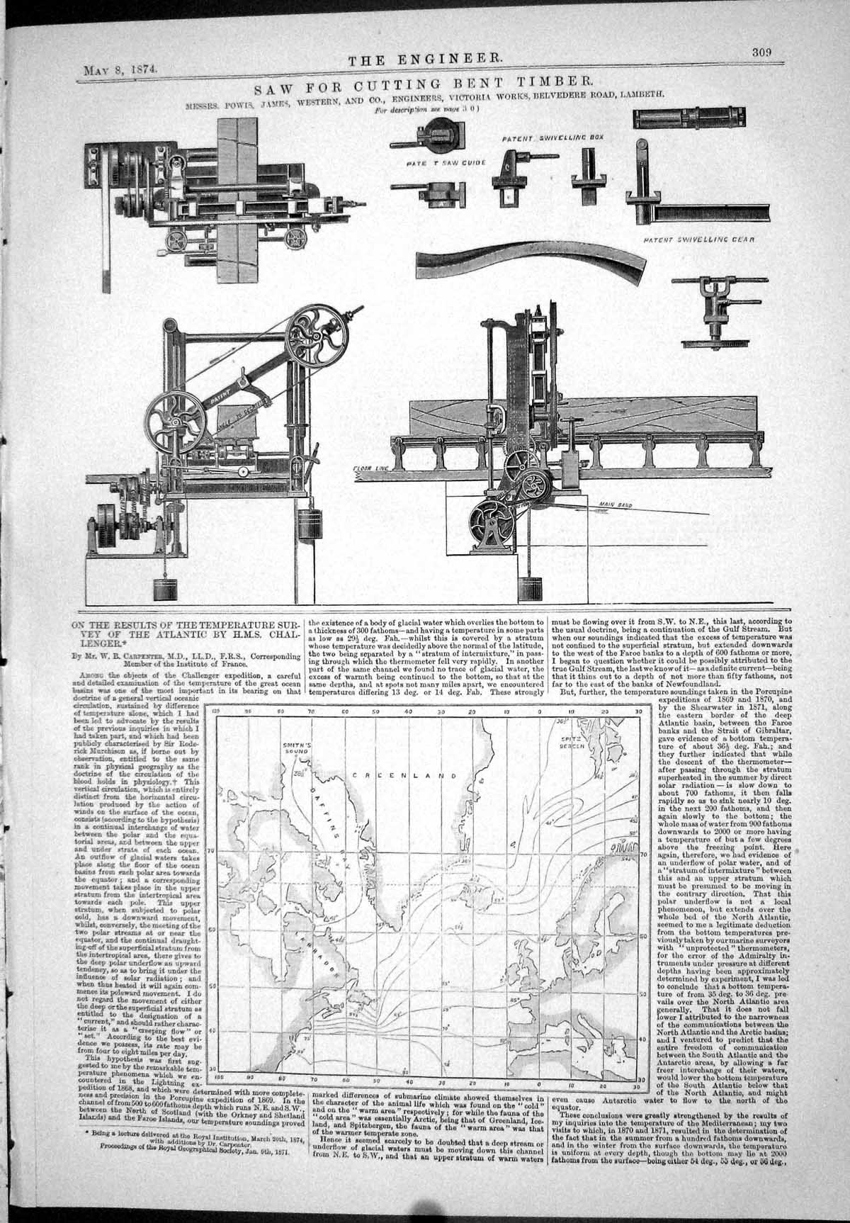Old Print 1874 Saw Cutting Bent Timber Powis James Western Map Challenger 19th