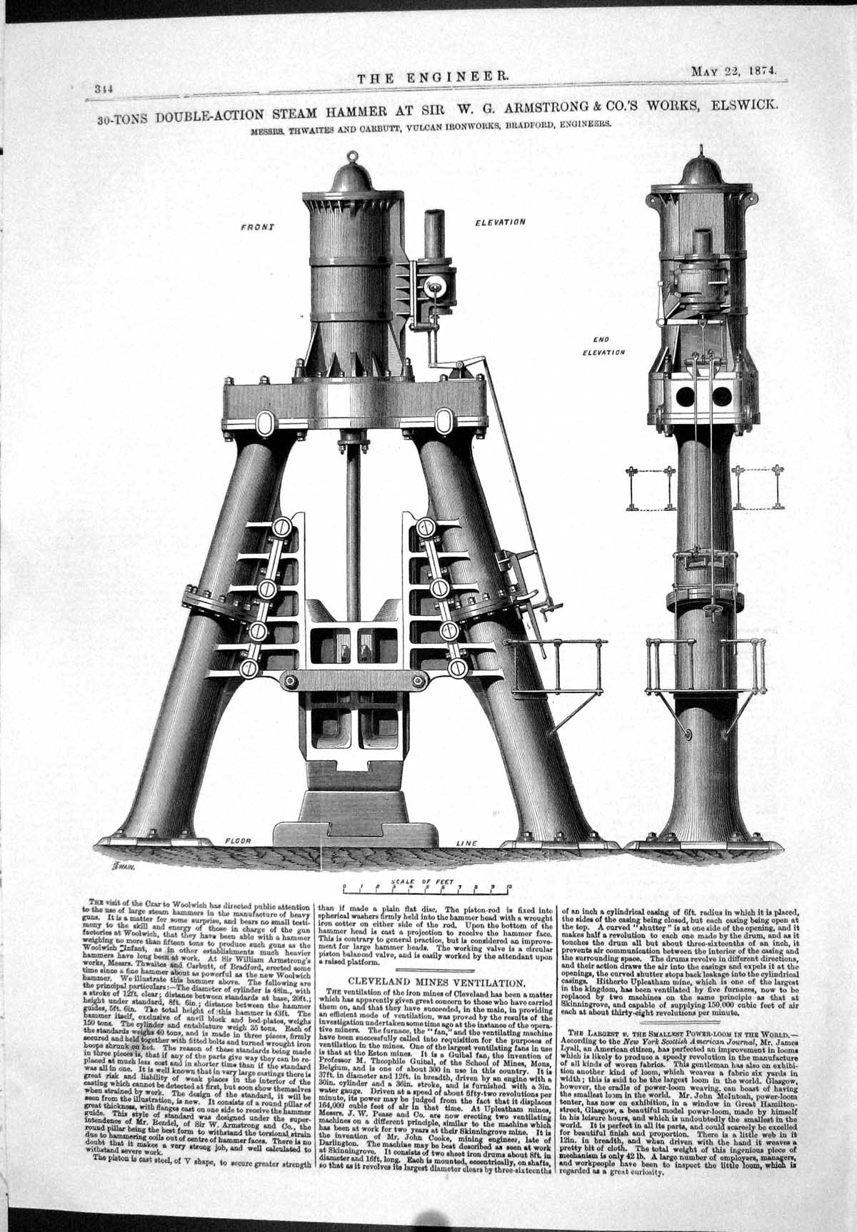 Antique Old Print 1874 Double-Acting Steam Hammer Armstrong Elswick Thwaites
