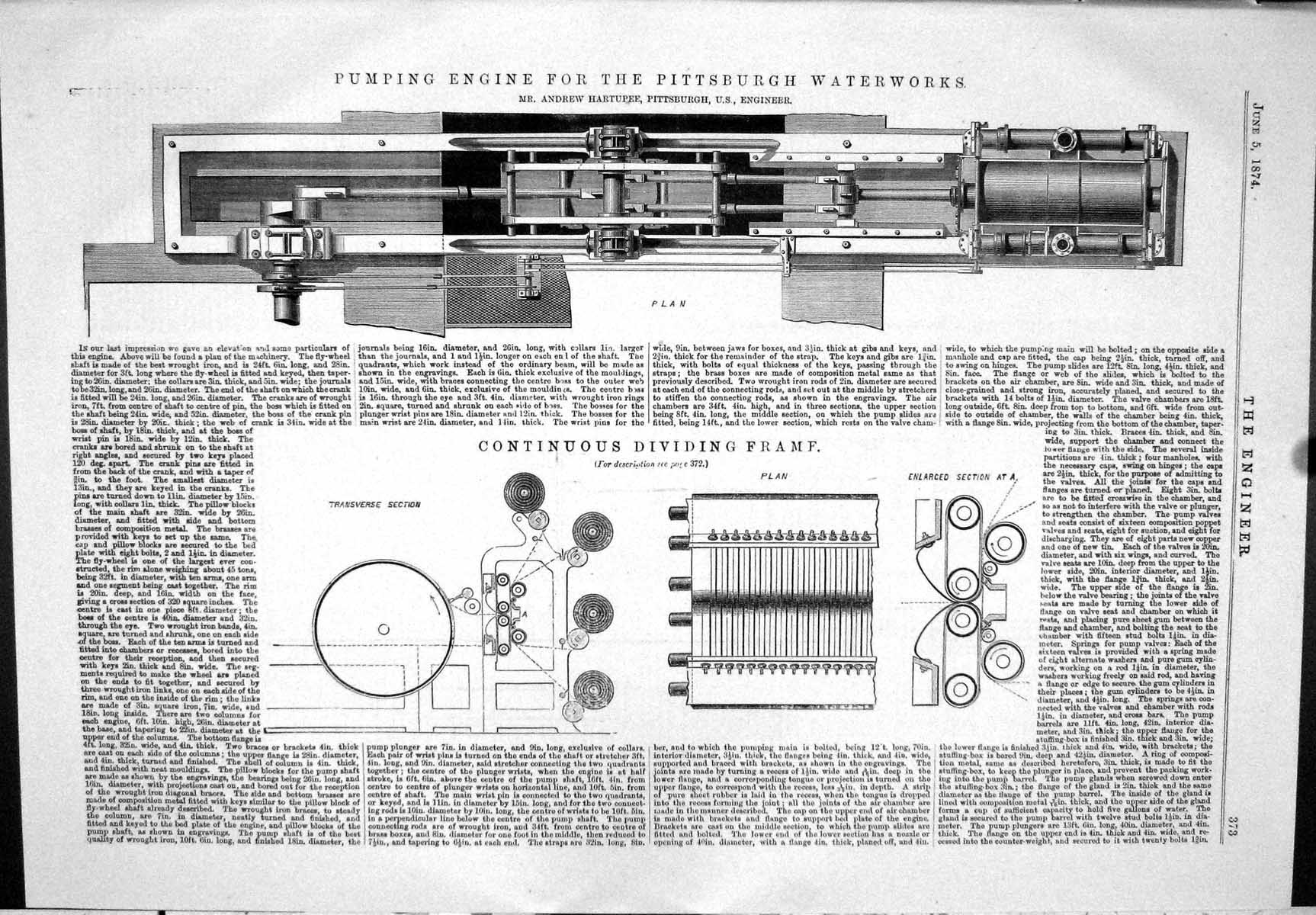 Antique Print 1874 Pumping Engine Pittsburgh Waterworks Hartupee Challenger