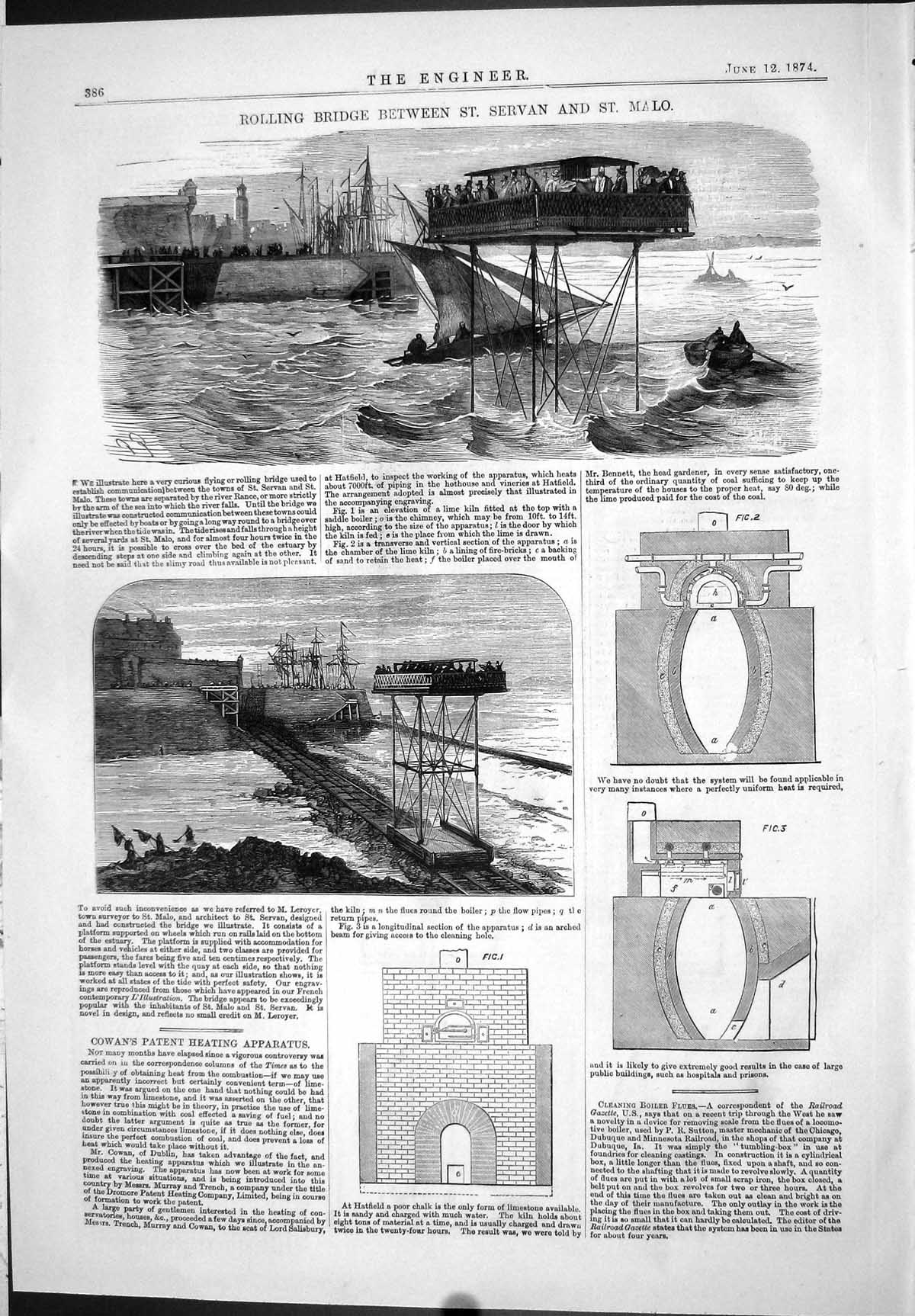 Old Engineering 1874 Rolling Bridge St. Servan Malo Cowan Patent Heat Victorian