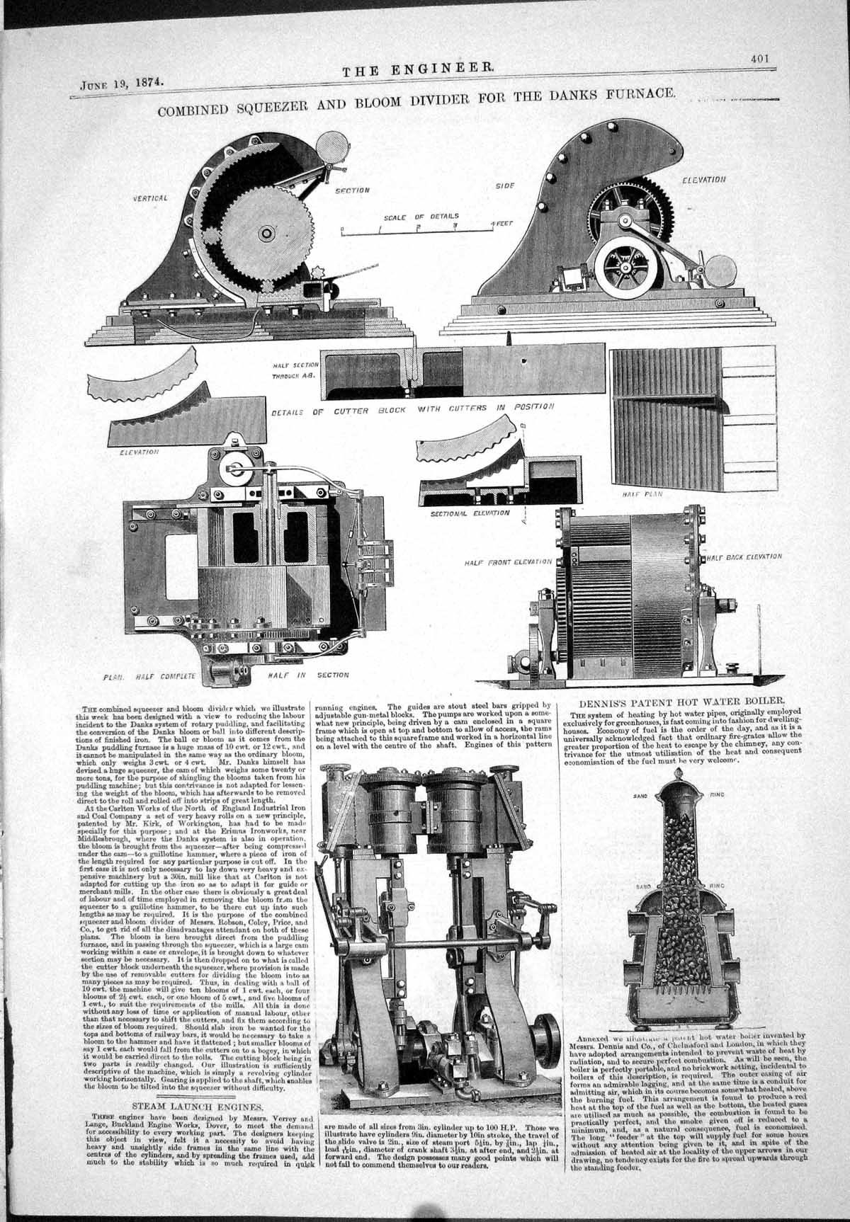 Old Print 1874 Squeezer Bloom Divider Danks Furnace Steam Launch Engines 19th