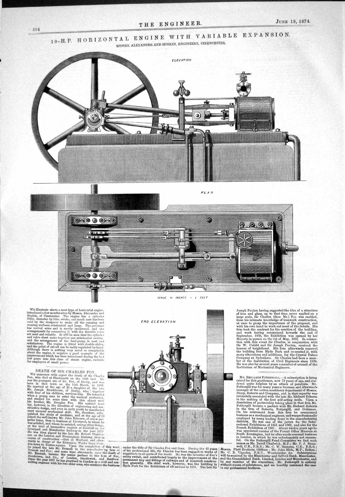 Antique Old Print 1874 Horizontal Engine Variable Expansion Alexander Hoskin