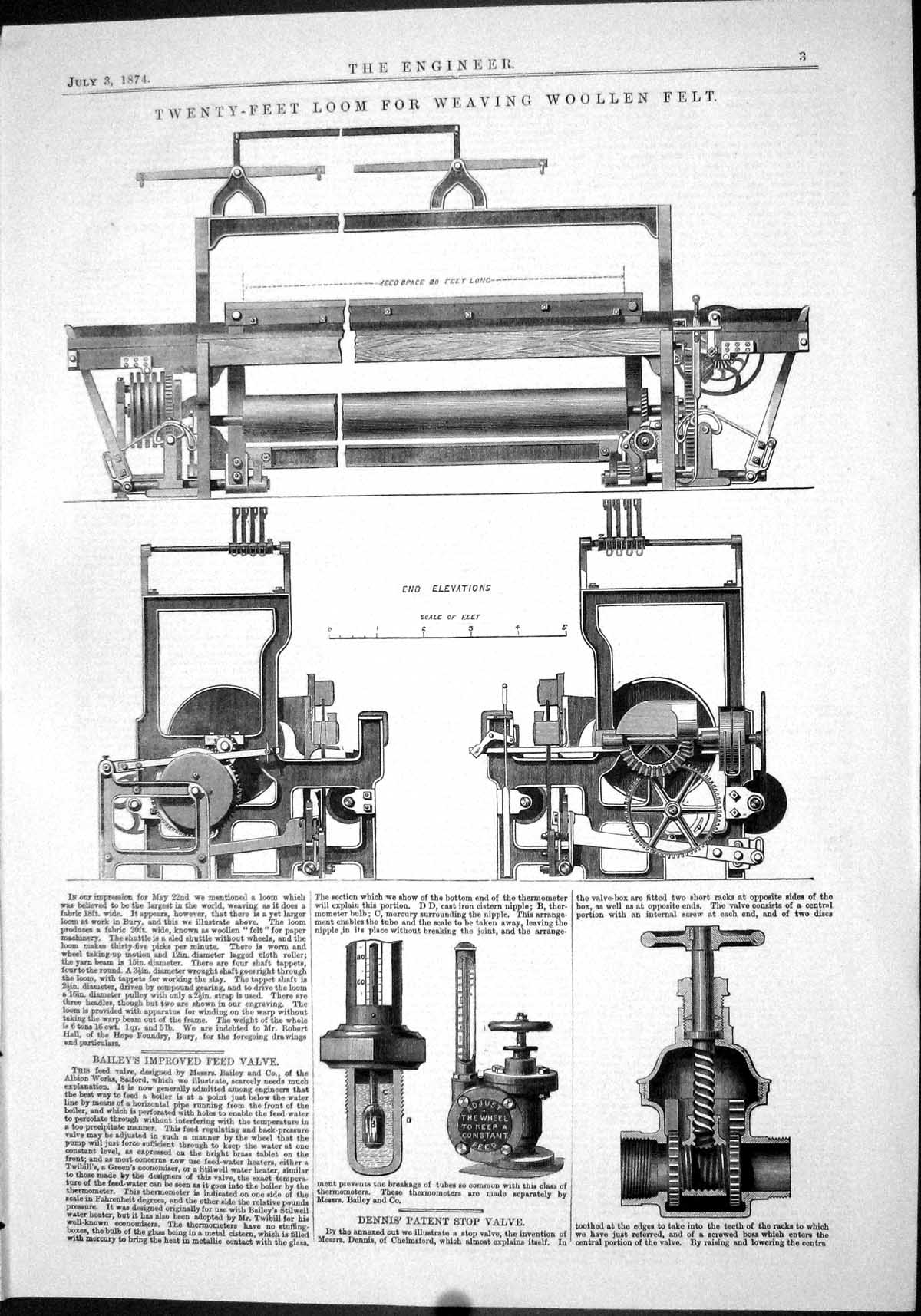 Antique Print Twenty-Feet Loom Weaving Woollen Felt Bailey Feed Valve 1874 19th
