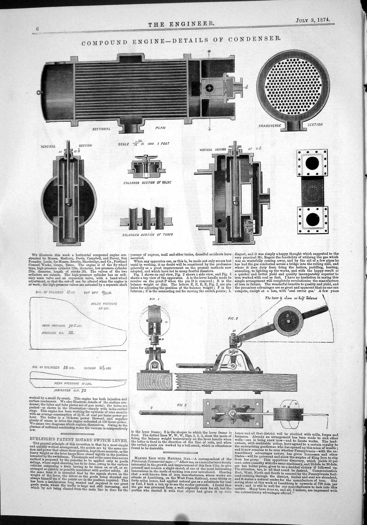 Antique Print 1874 Compound Engine Details Condenser Burleigh Rotary Switch
