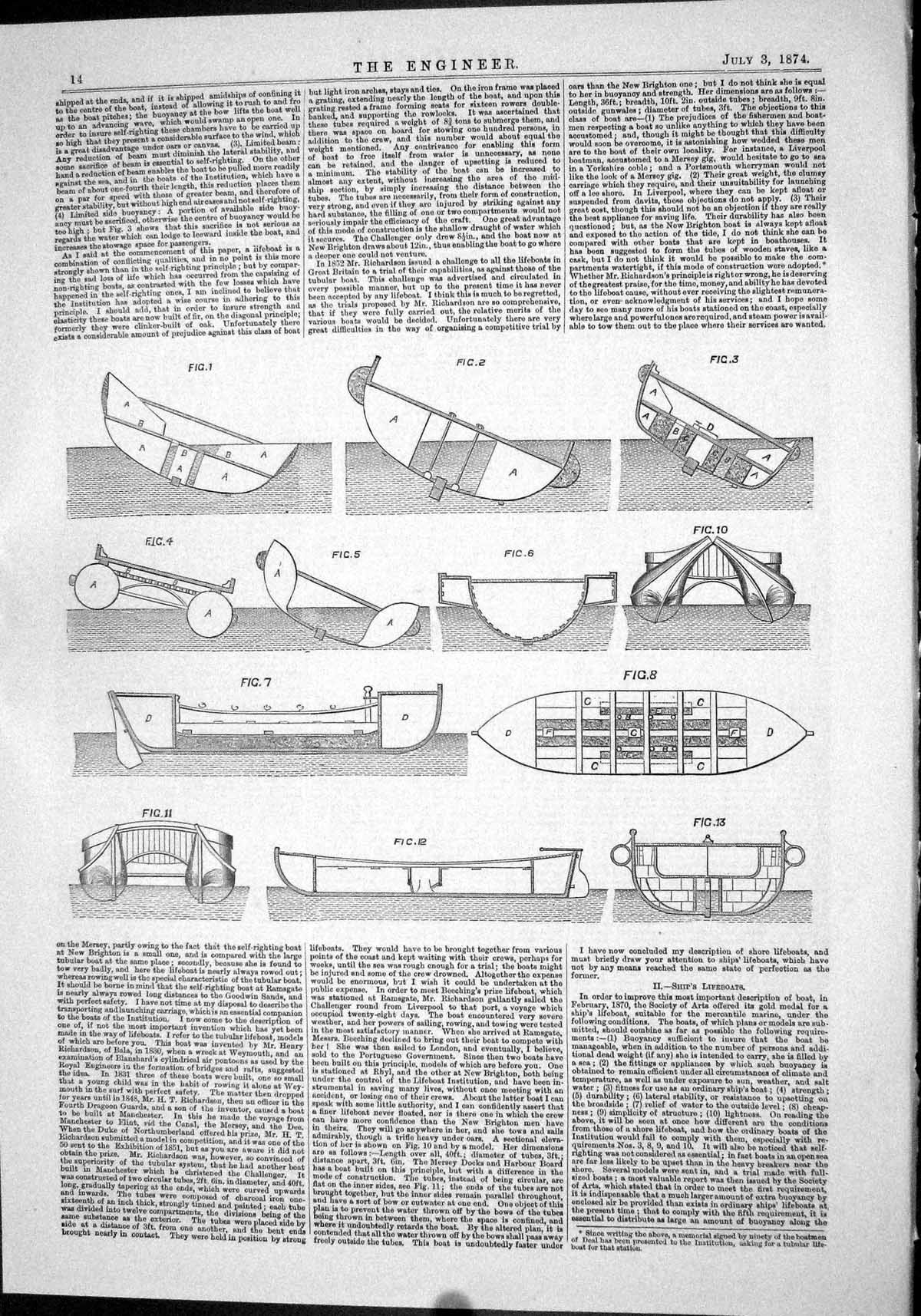 Original Old Antique Print Engineering 1874 Ship Lifeboats Diagrams Figures
