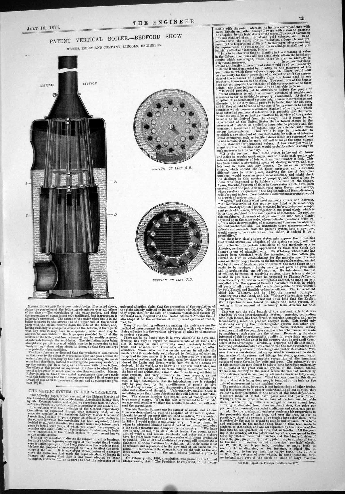 Antique Print Engineering 1874 Patent Vertical Boiler Bedford Robey Lincoln