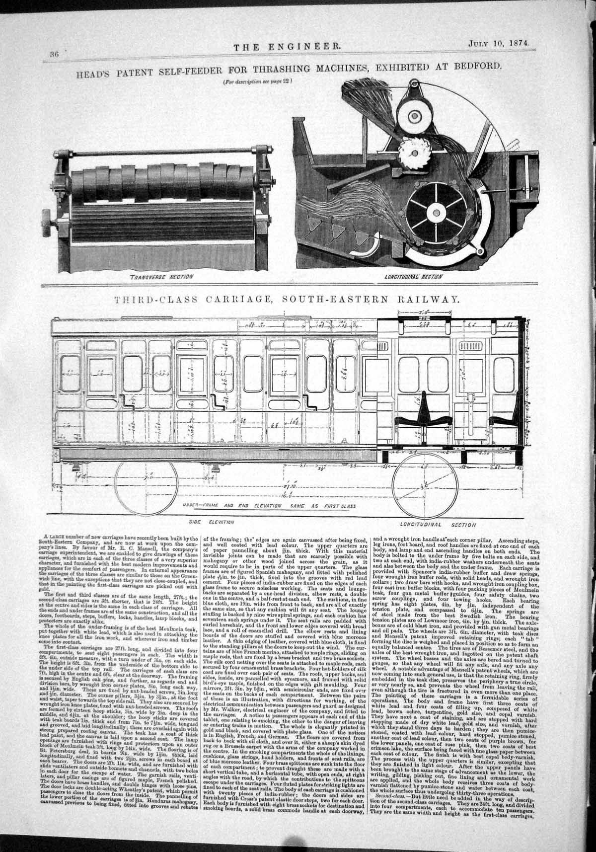 Antique Old Print 1874 Head Thrashing Machines Bedford Railway Carriage Train
