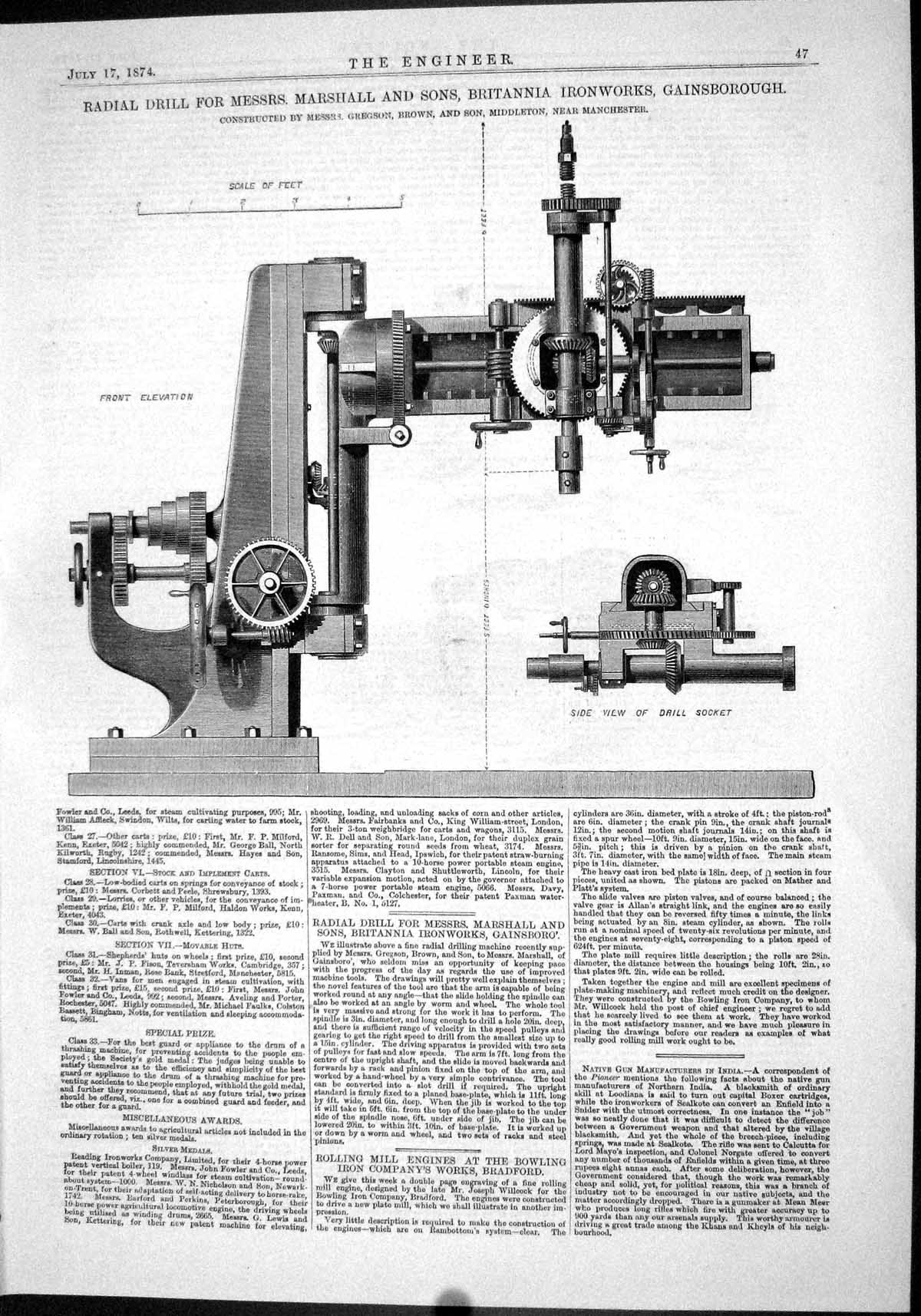 Antique Print 1874 Radial Drill Marshall Britannia Ironworks Gregson Brown 19th