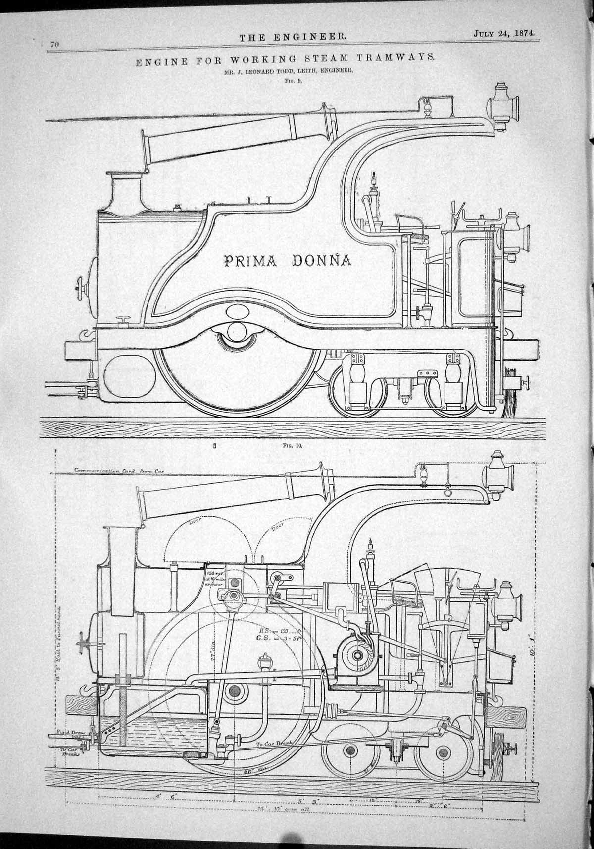 Old 1874 Diagrams Train Engine Steam Tramways Prima Donna Todd Leith Victorian