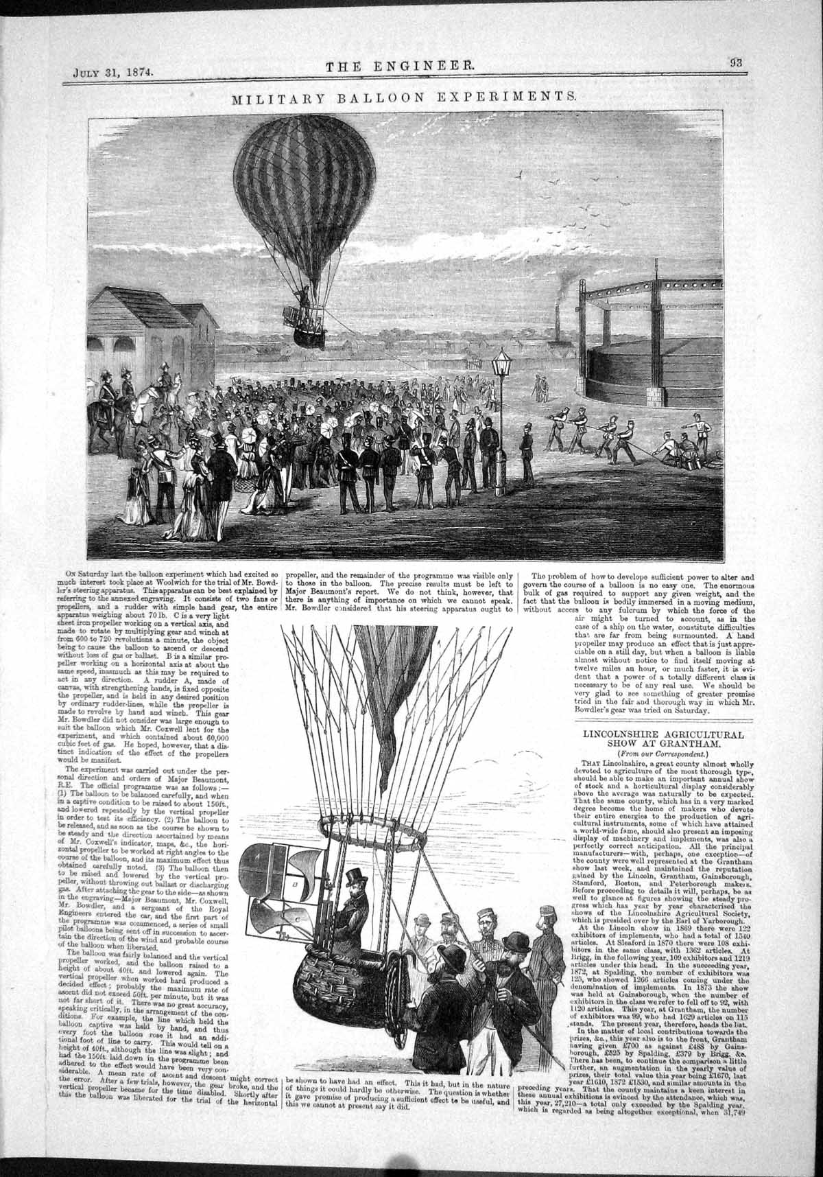 Old Print Engineering 1874 Military Hot-Air Balloon Experiments Woolwich 19th