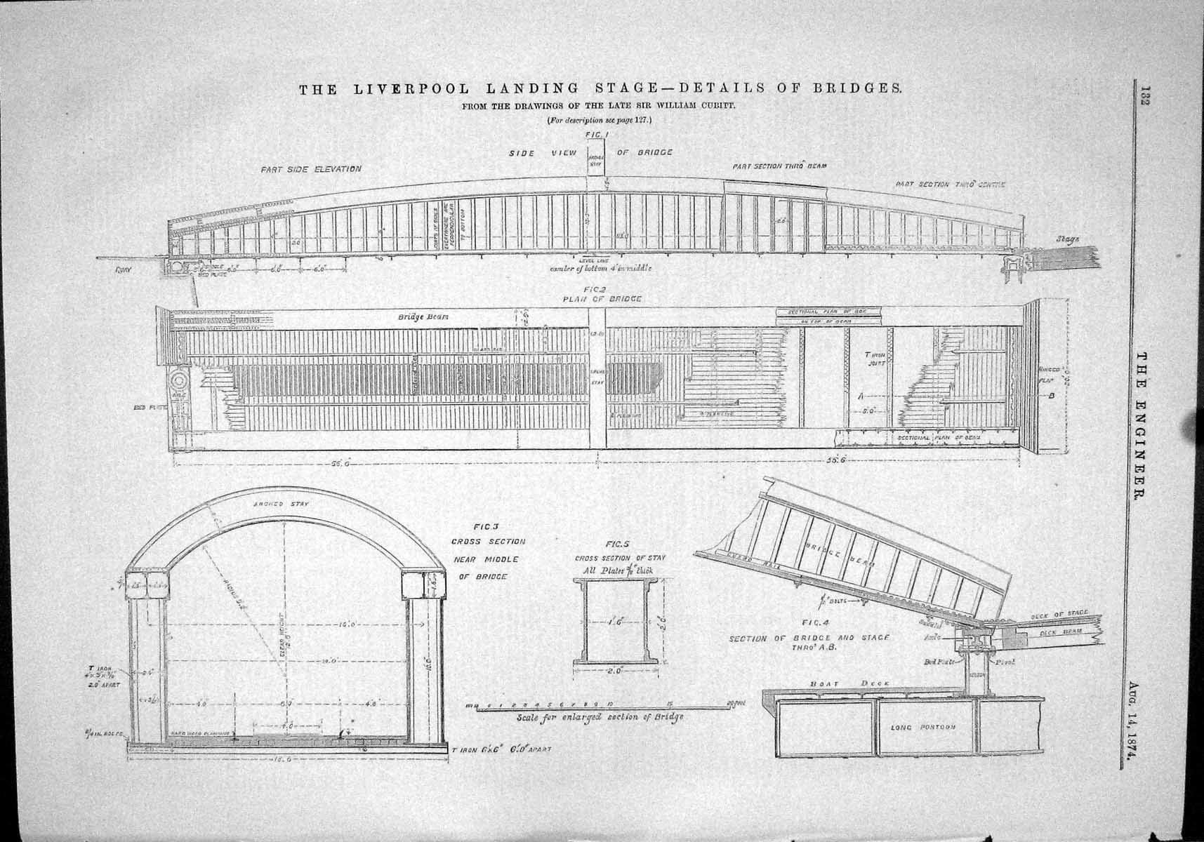 Antique Old Print 1874 Liverpool Landing Stage Details Bridges William Cubitt