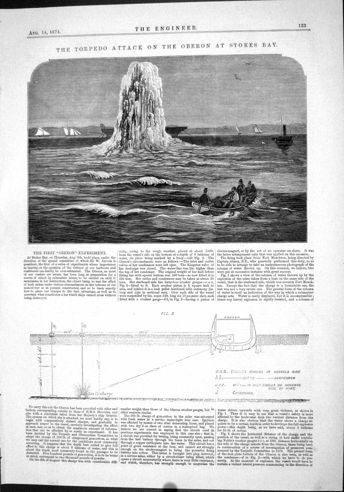 Antique Print Engineering 1874 Torpedo Attack Oberon Stokes Bay Experiments