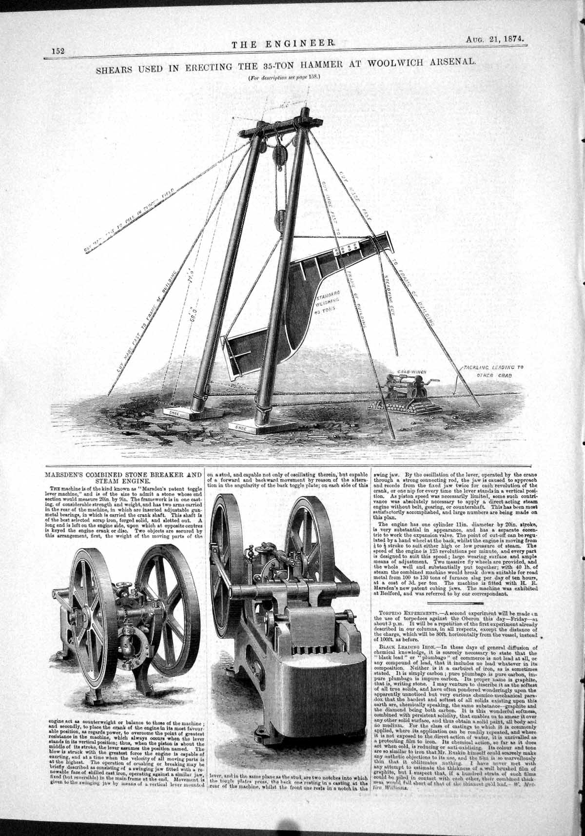 Antique Old Print 1874 Shears 35-Ton Hammer Woolwich Arsenal Marsden Breaker