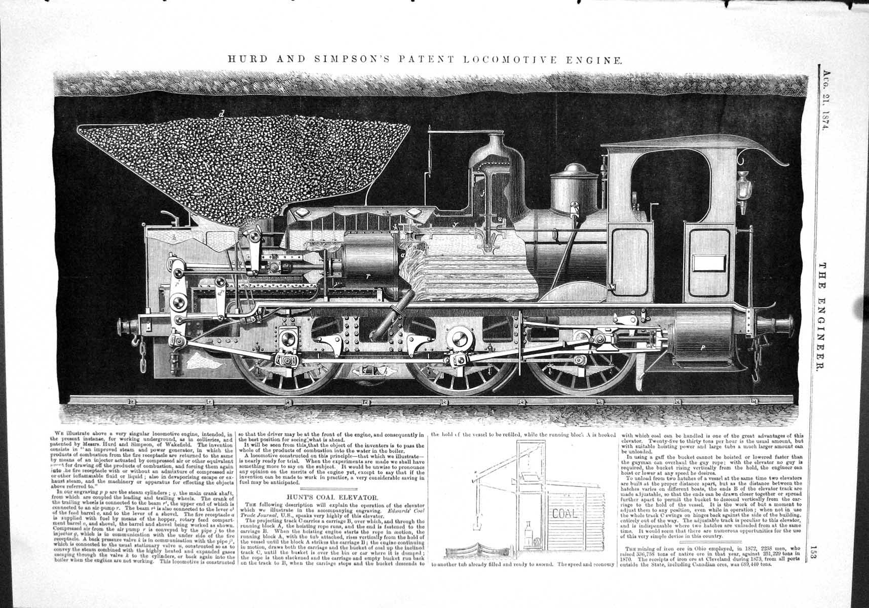 Antique Print 1874 Hurd Simpson Patent Locomotive Engine Hunt Coal Elevator