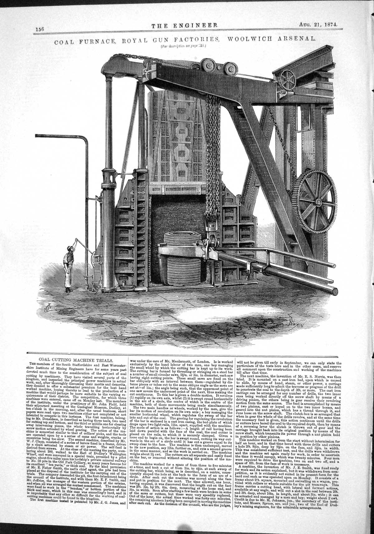Old Print Coal Furnace Royal Gun Factory Woolwich Arsenal Machinery 1874 19th