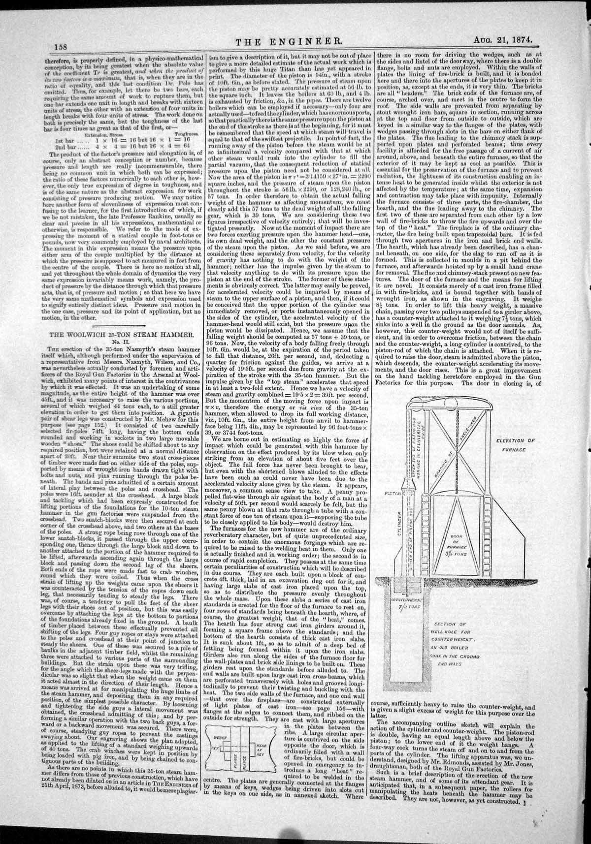 Old Print Engineering 1874 Woolwich Steam Hammer Elevation Furnace Boiler 19th