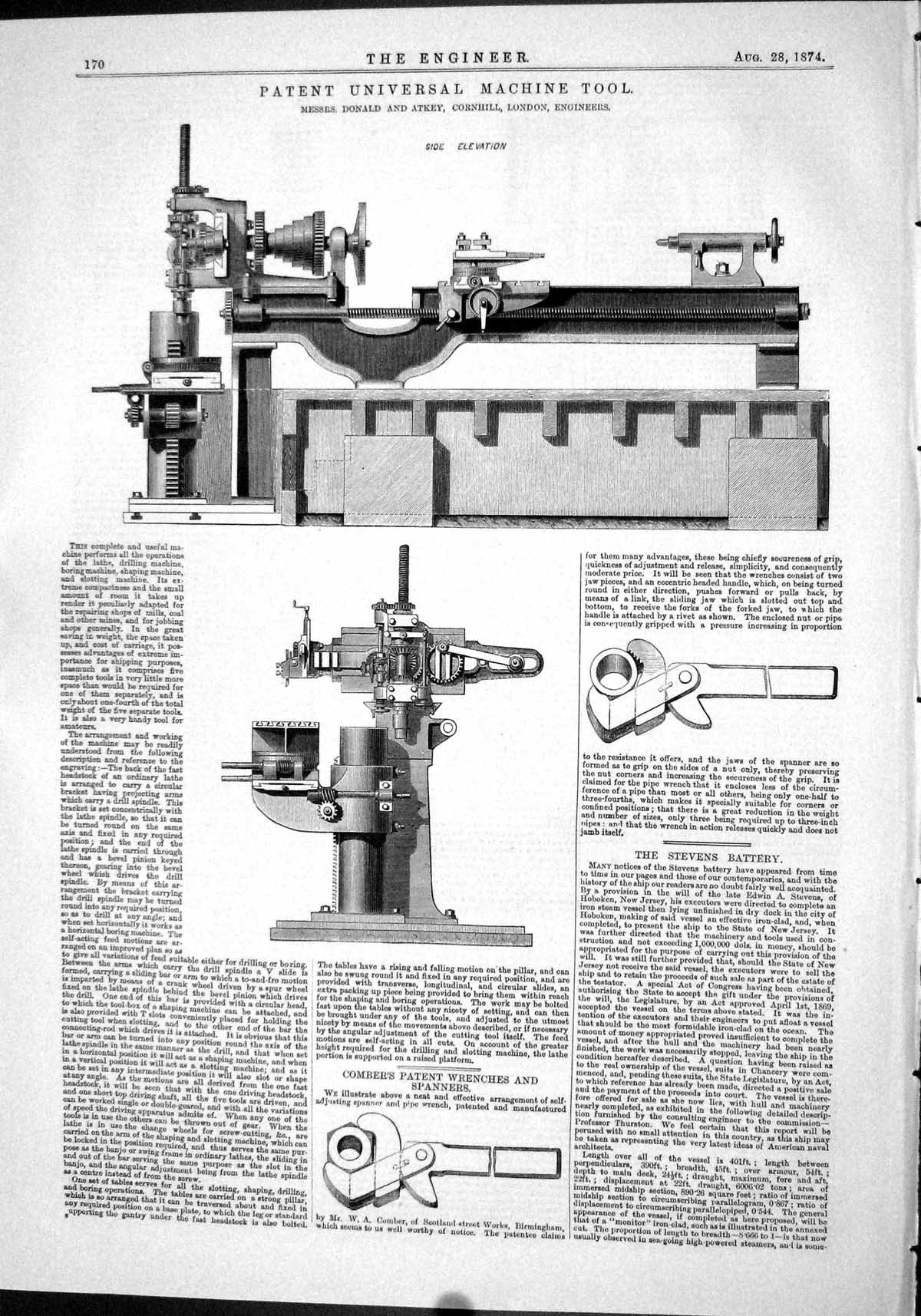 Old Print 1874 Patent Universal Machine Tool Donald Atkey Comber Spanners 19th