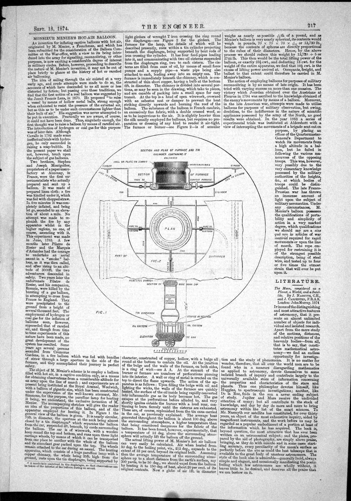 Old Engineering 1874 Monsieur Menier Hot-Air Baloon Plan Furnace Cist Victorian