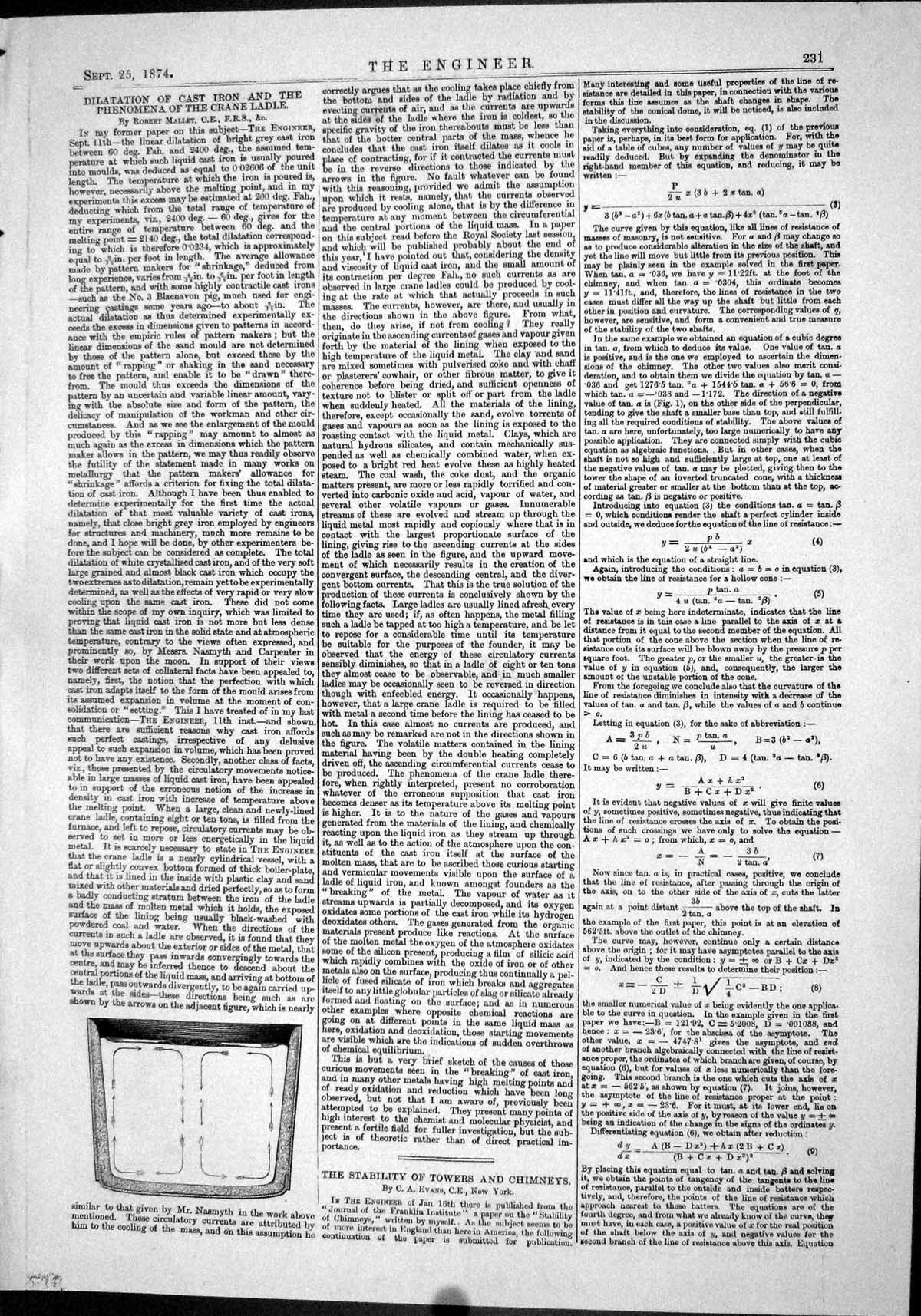 Old Print 1874 Dilatation Cast Iron Phenomena Crane Ladle Stevens Battery 19th