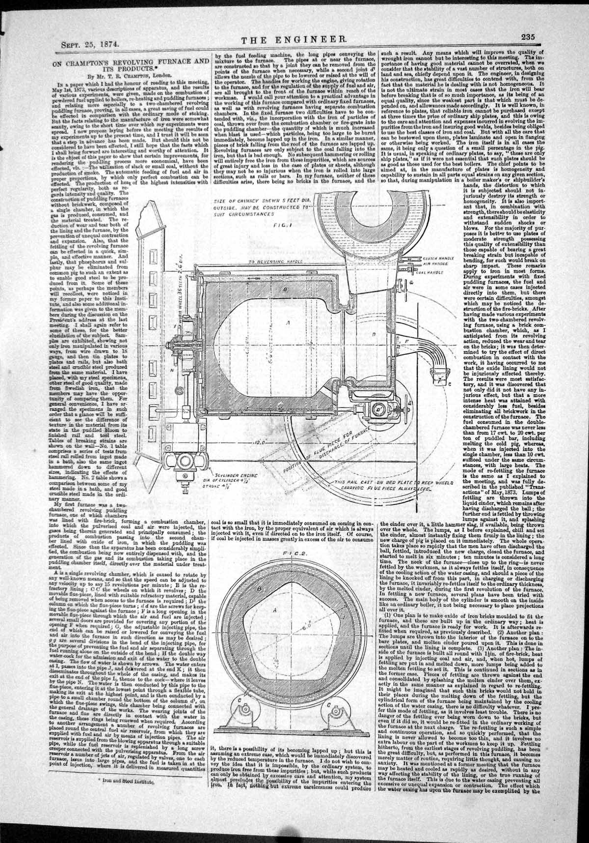 Antique Old Print 1874 Crampton Revolving Furnace Production Chimney Engines