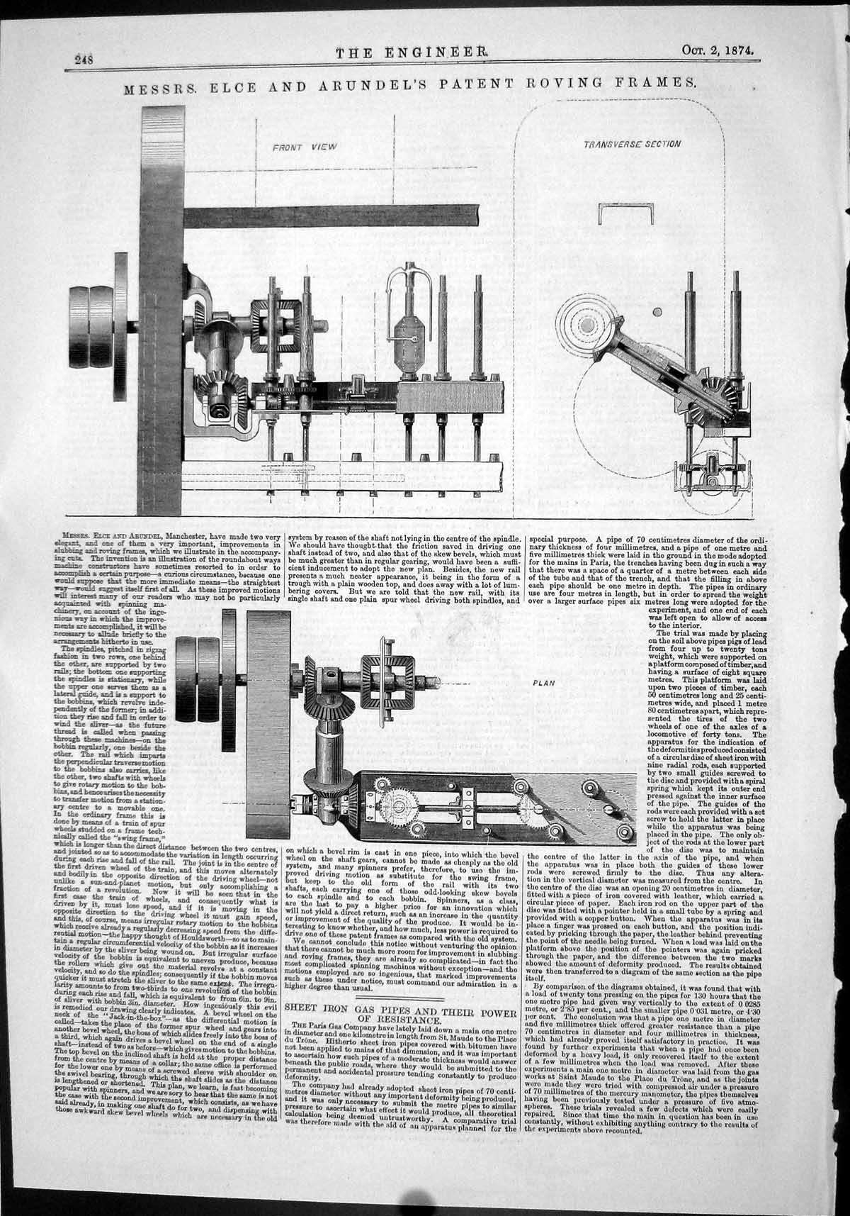 Old Engineering 1874 Elce Arundel Patent Roving Frames Iron Gas Pipes Victorian