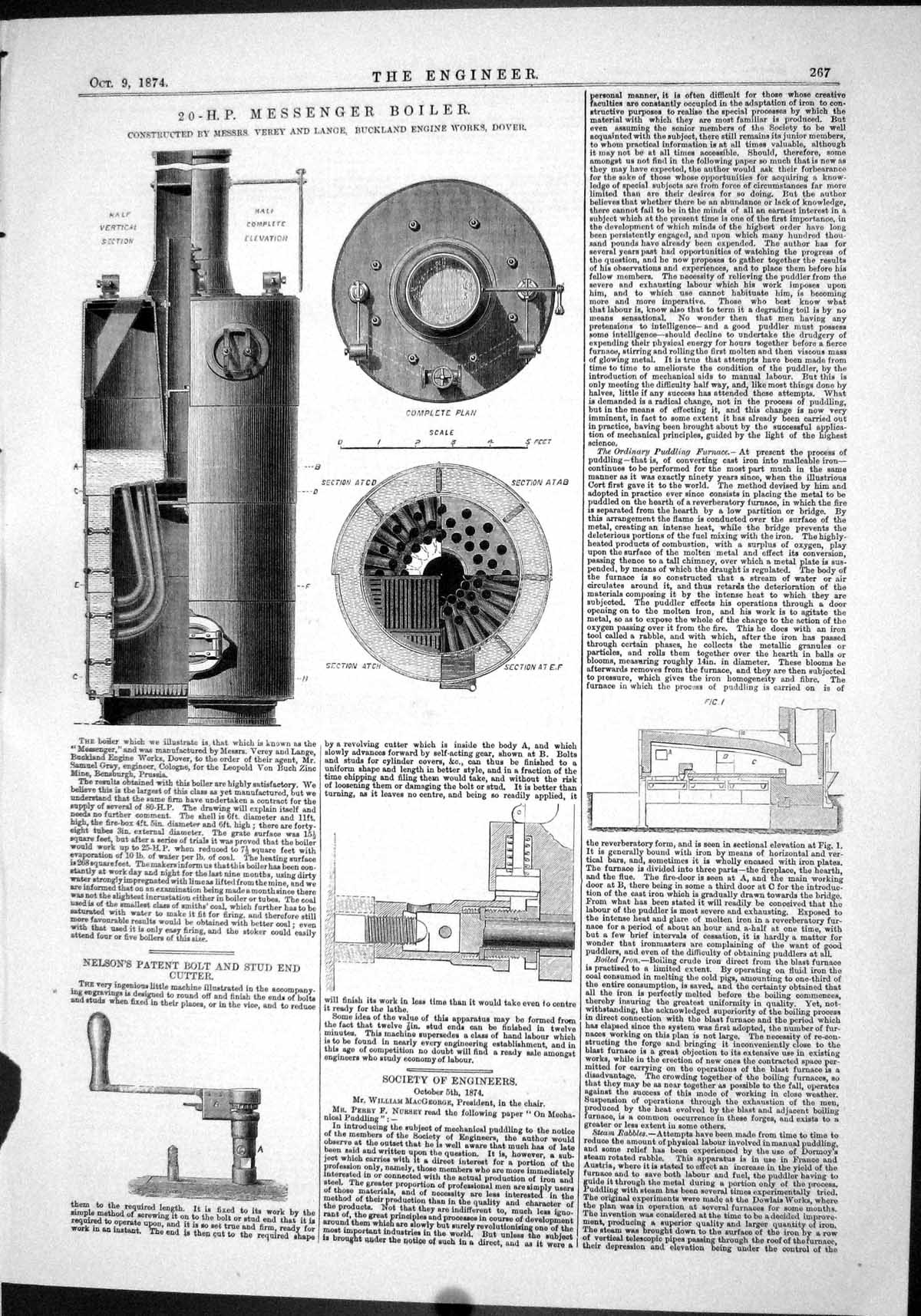Old 1874 20 H-P Messenger Boiler Verey Lange Nelson Bolt Cutter Engin Victorian