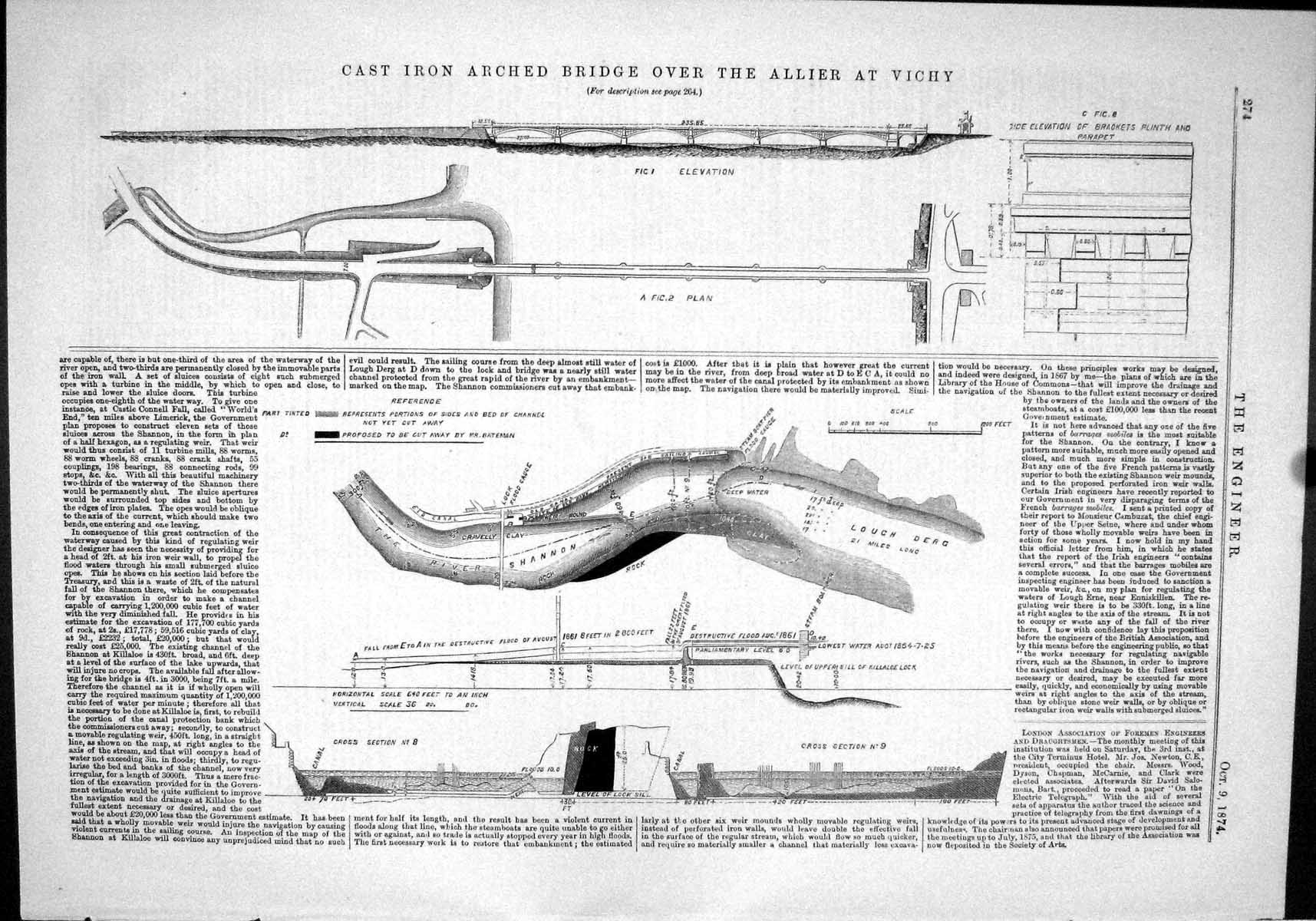 Antique Print 1874 Cast Iron Arched Bridge Allier River Vichy Shannon Lough