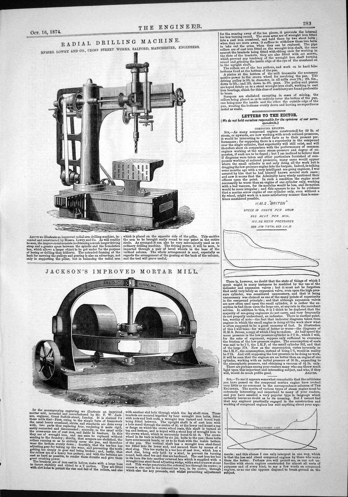 Old Print 1874 Radial Drilling Machine Lowry Salford Jackson Mortar Mill 19th