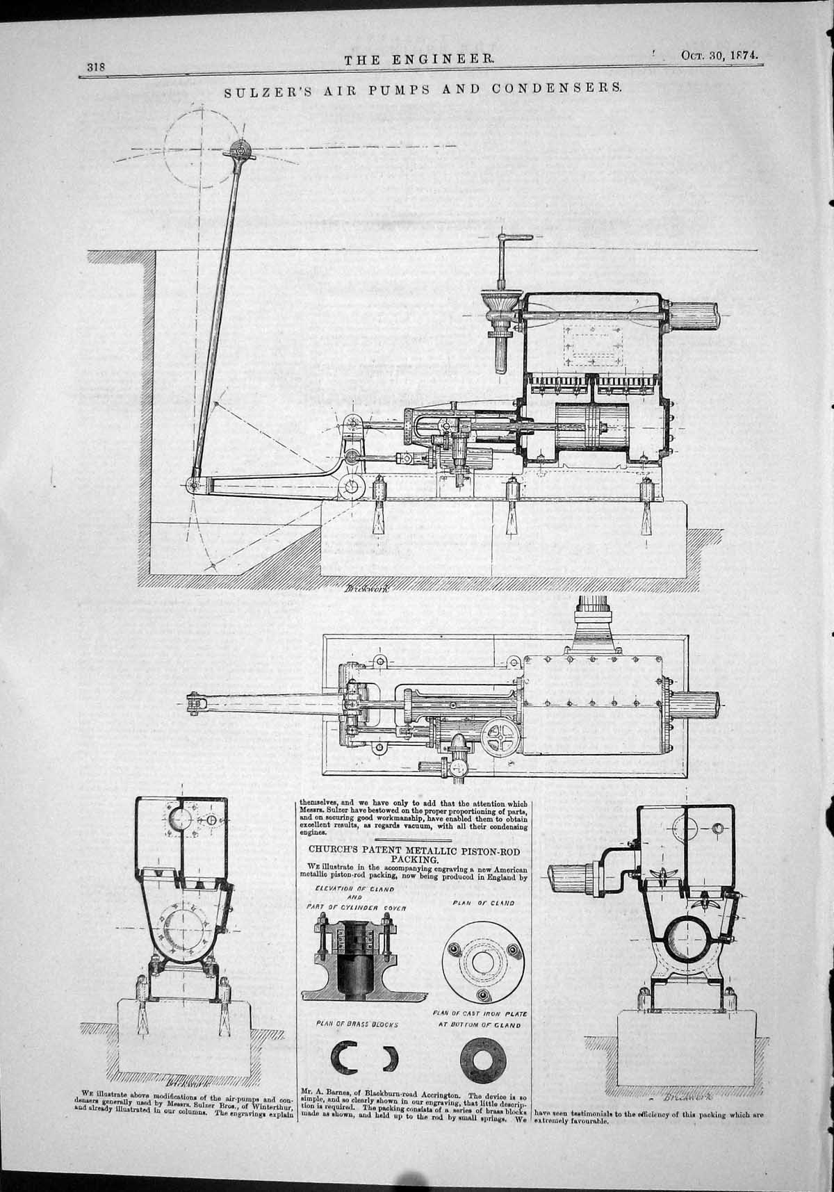 Old 1874 Sluzer Air Pumps Condensers Church Patent Piston-Rod Packing Victorian