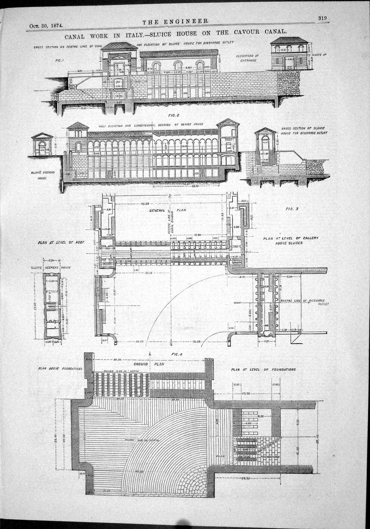 Antique Old Print 1874 Canal Work Italy Sluice House Cavour Plan Foundations