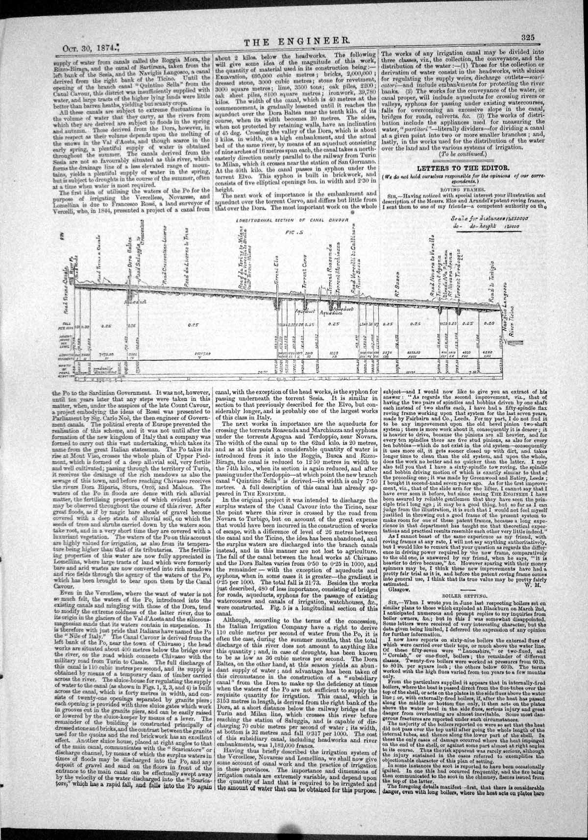 Antique Old Print 1874 Longitudinal Section Canal Cavour Engines Ship Briton
