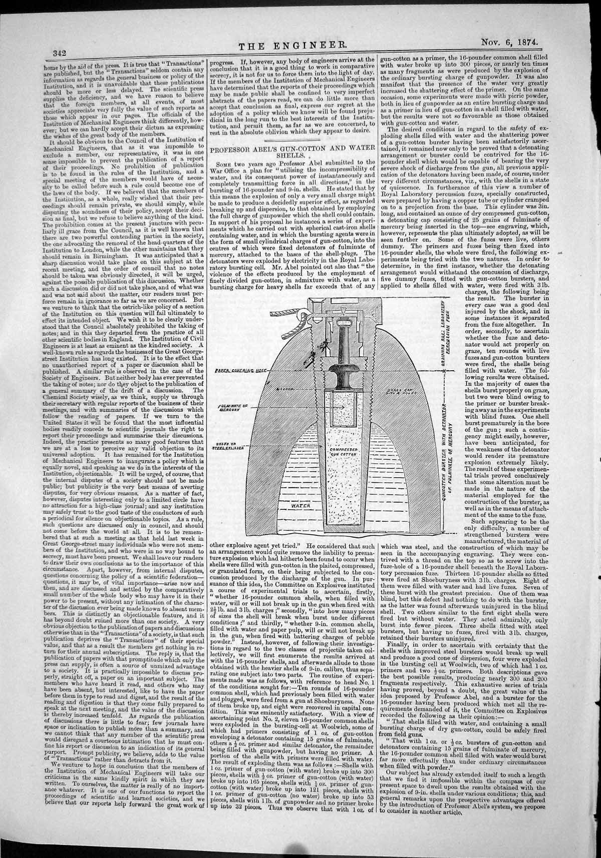 Old Engineering 1874 Professor Abel Gun-Cotton Water Shells Diagrams Victorian