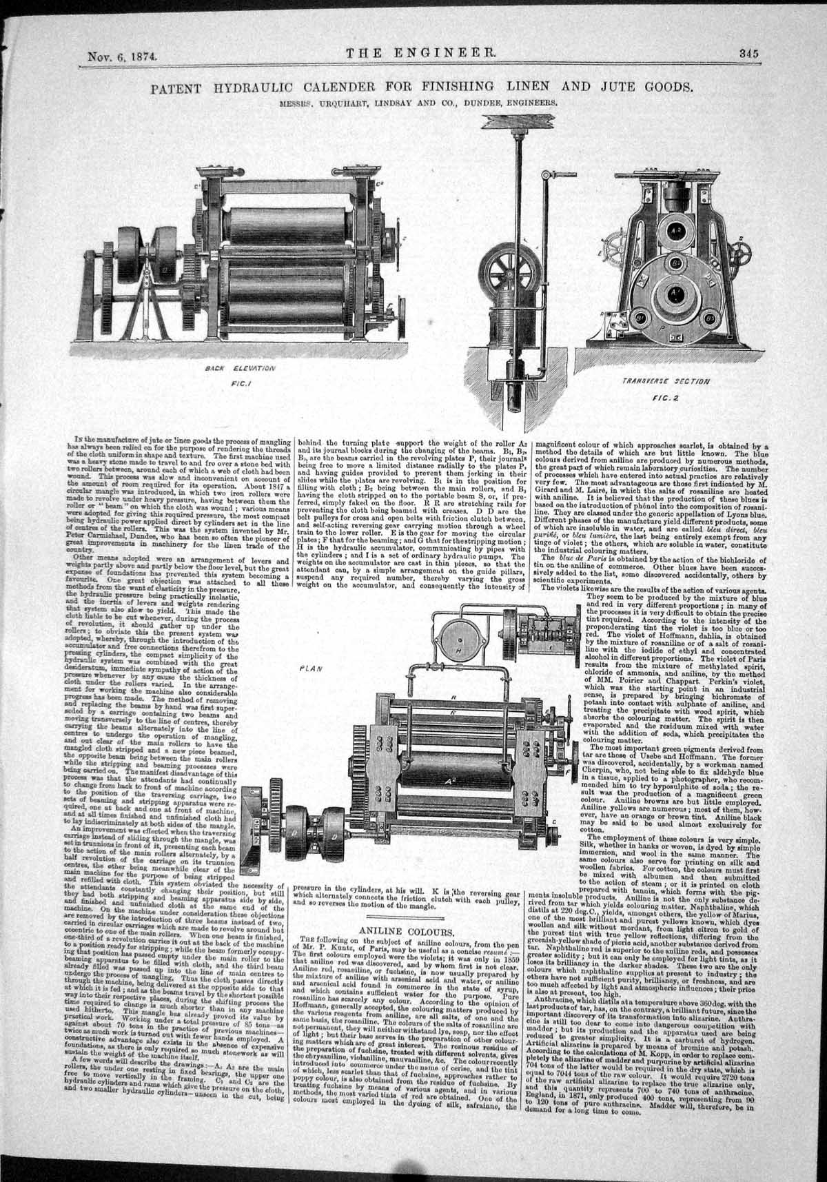 Antique Old Print 1874 Hydraulic Calender Finishing Linen Jute Goods Urquhart