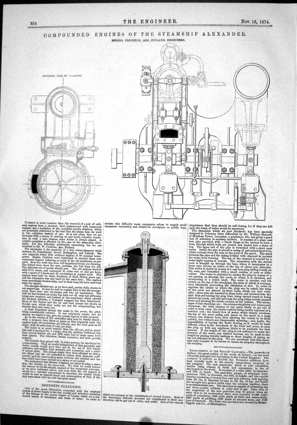 Antique Print 1874 Compounded Engines Steam Ship Alexander Crichton Finland