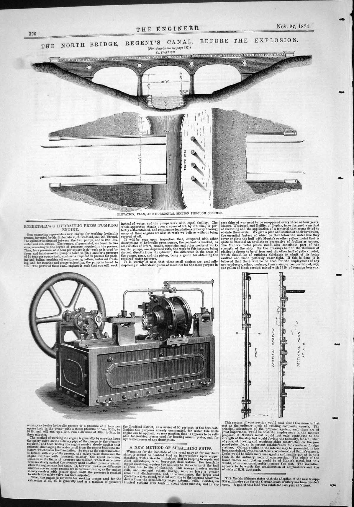 Antique Print 1874 Robertshaw Hydraulic Press Pumping Engine Regent'S Canal