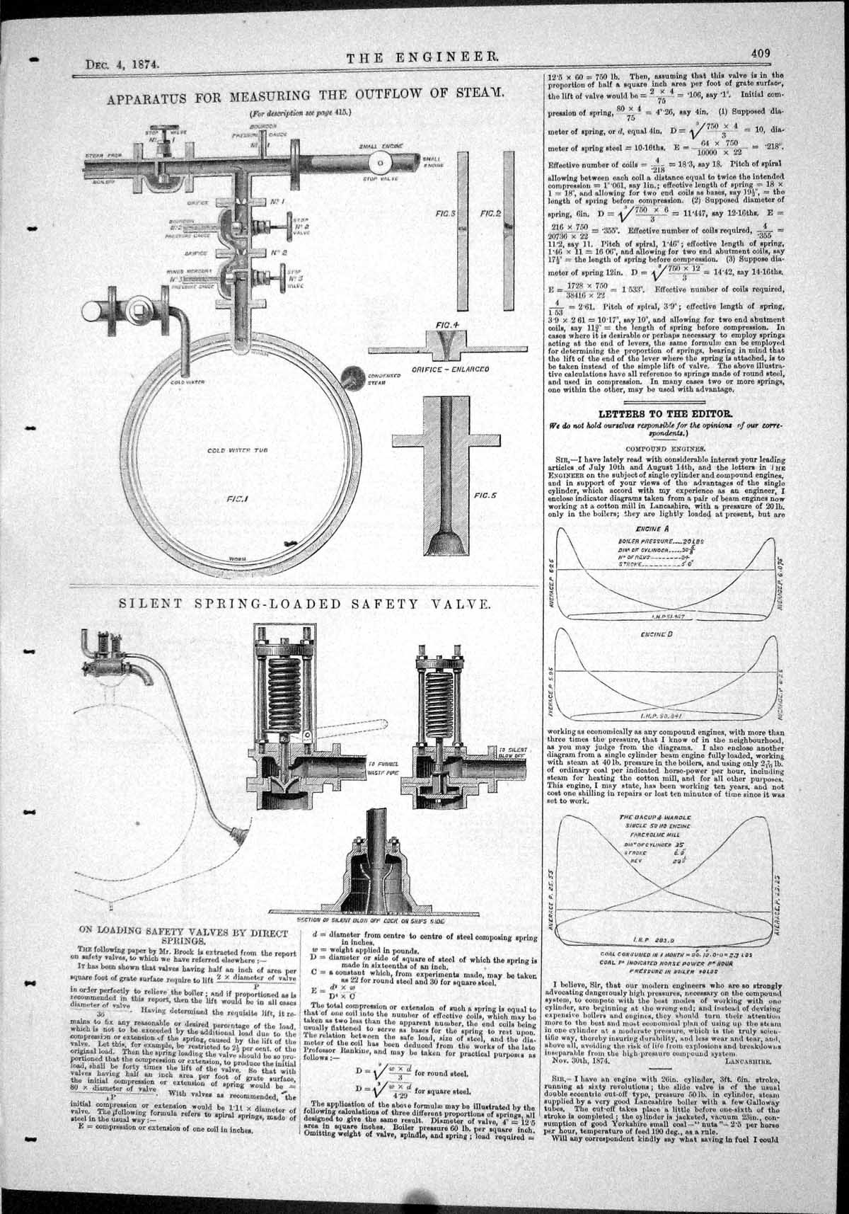 Antique Old Print 1874 Apparatus Measuring Outflow Steam Spring-Loaded Valve