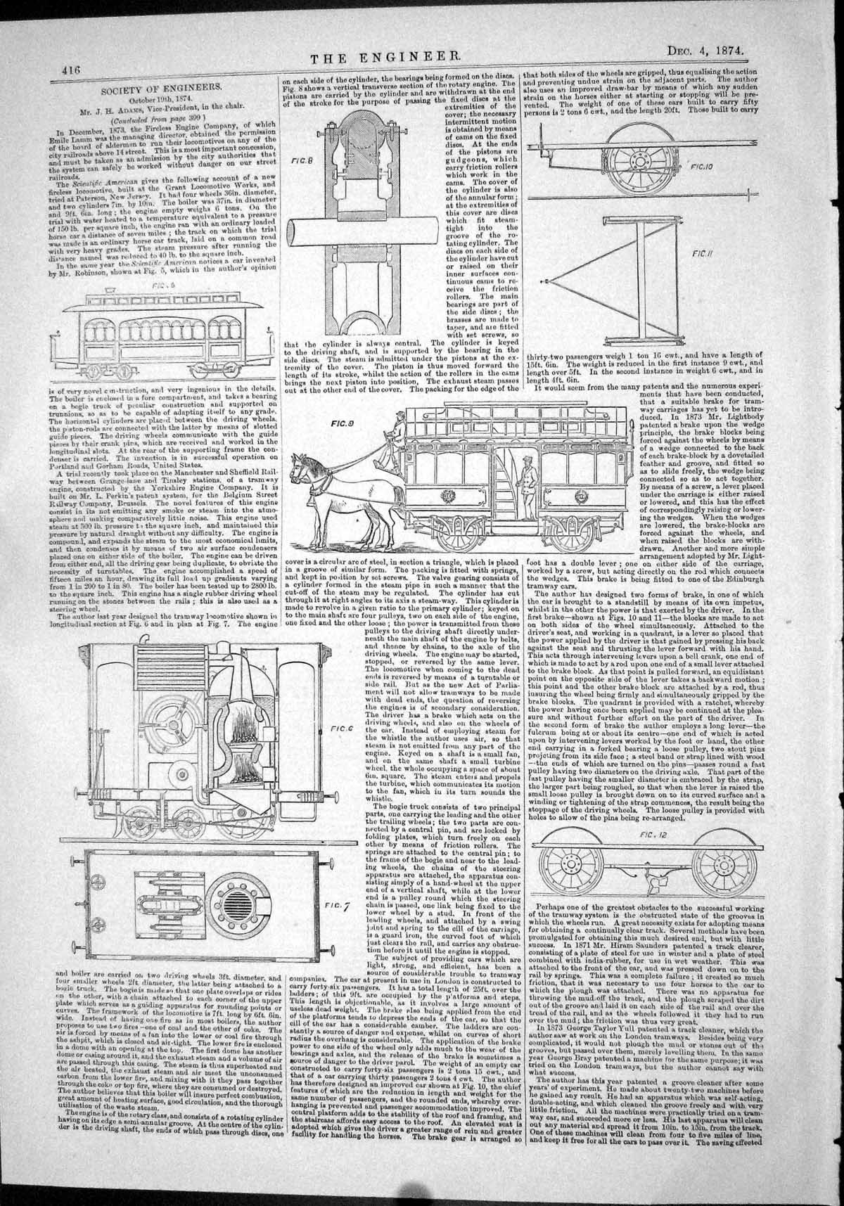 Old Engineering 1874 Admas Horse Tram Engine Machinery Furnace Diagra Victorian