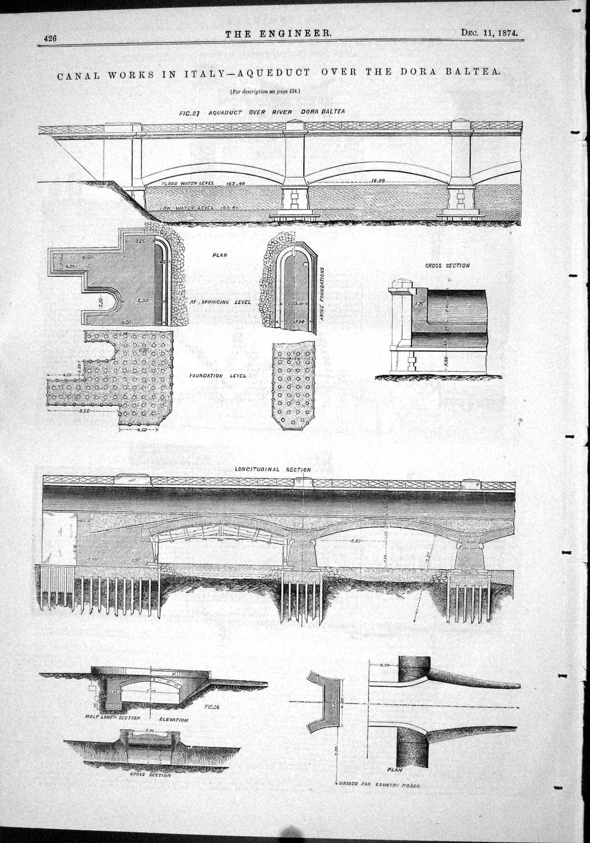 Old Engineering 1874 Canal Works Italy Aqueduct Dora Baltea Diagrams Victorian