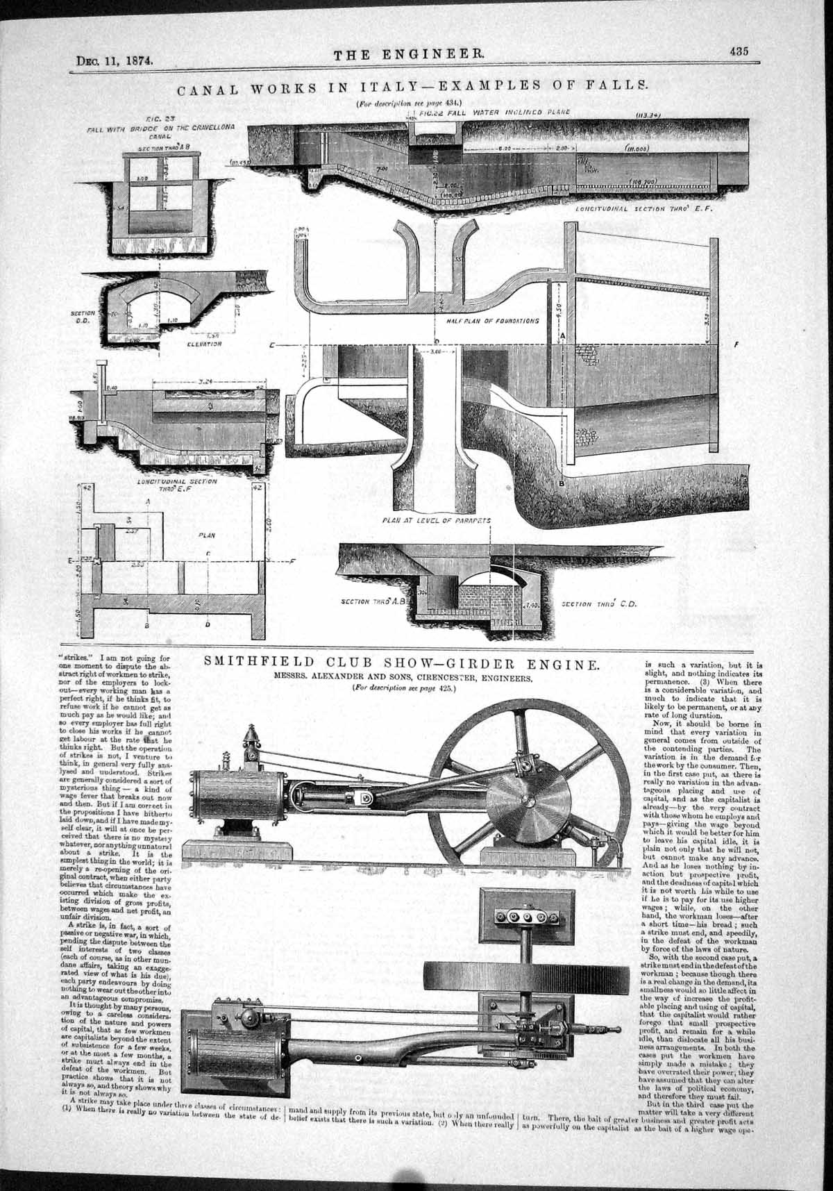 Old Print 1874 Canal Works Italy Falls Smithfield Girder Engine Alexander 19th
