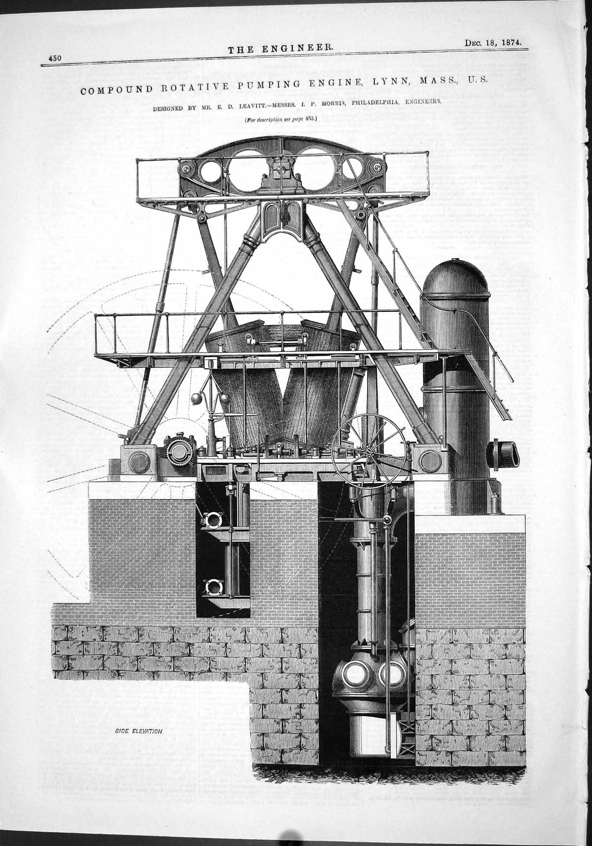 Old Print 1874 Compound Rotative Pumping Engine Lynn Mass Leavitt Morris 19th
