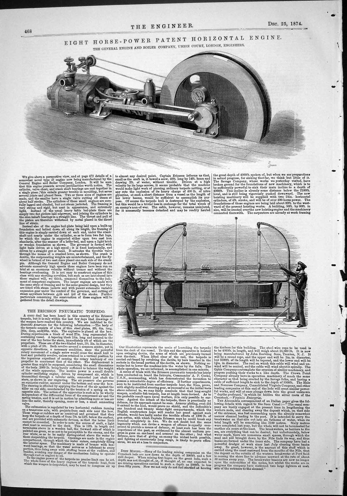 Old Eight Horse-Power Patent Horizontal Engine 1874 Ericsson Torpedo Victorian