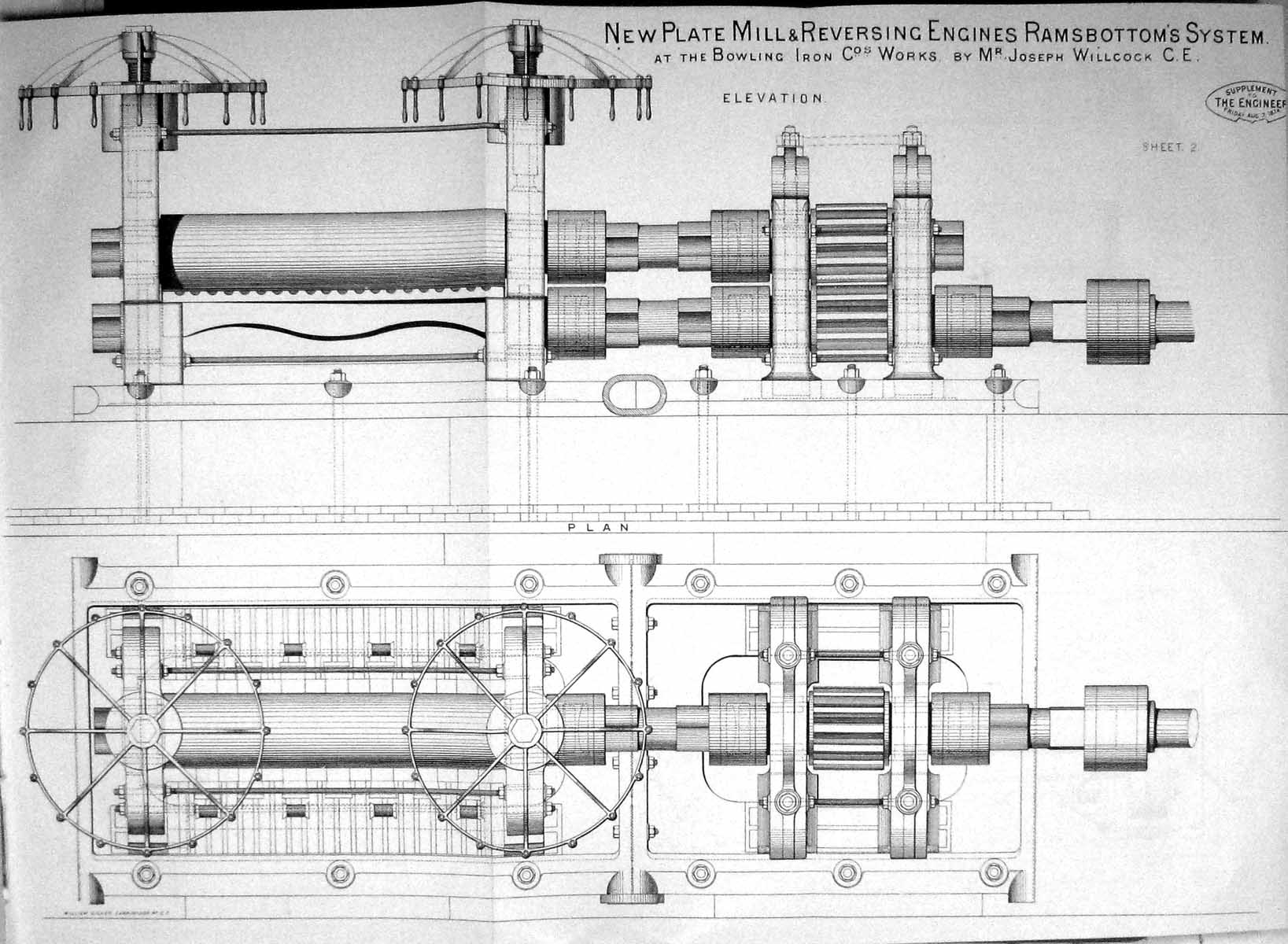 Antique Print 1874 Plate Mill Reversing Engines Ramsbottom Joseph Willcock