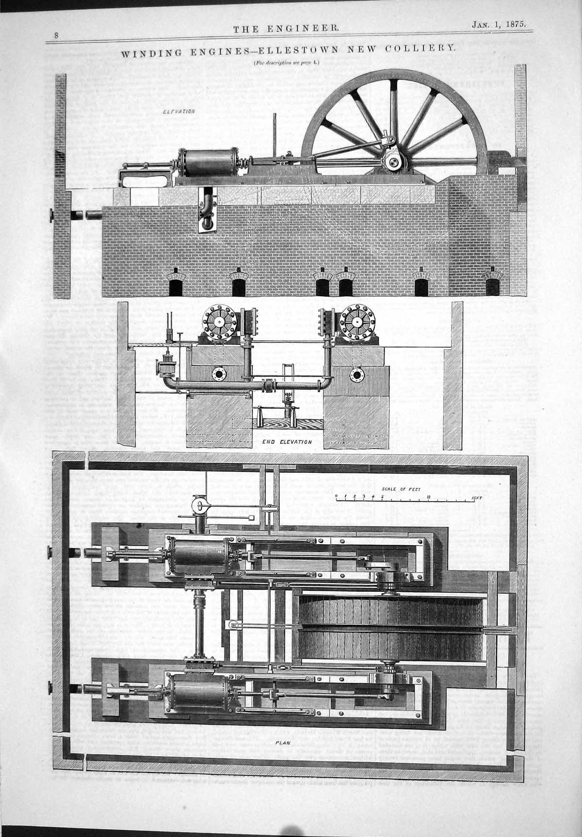 Old Print 1875 Winding Engines Ellestown Colliery Machinery End Elevation 19th