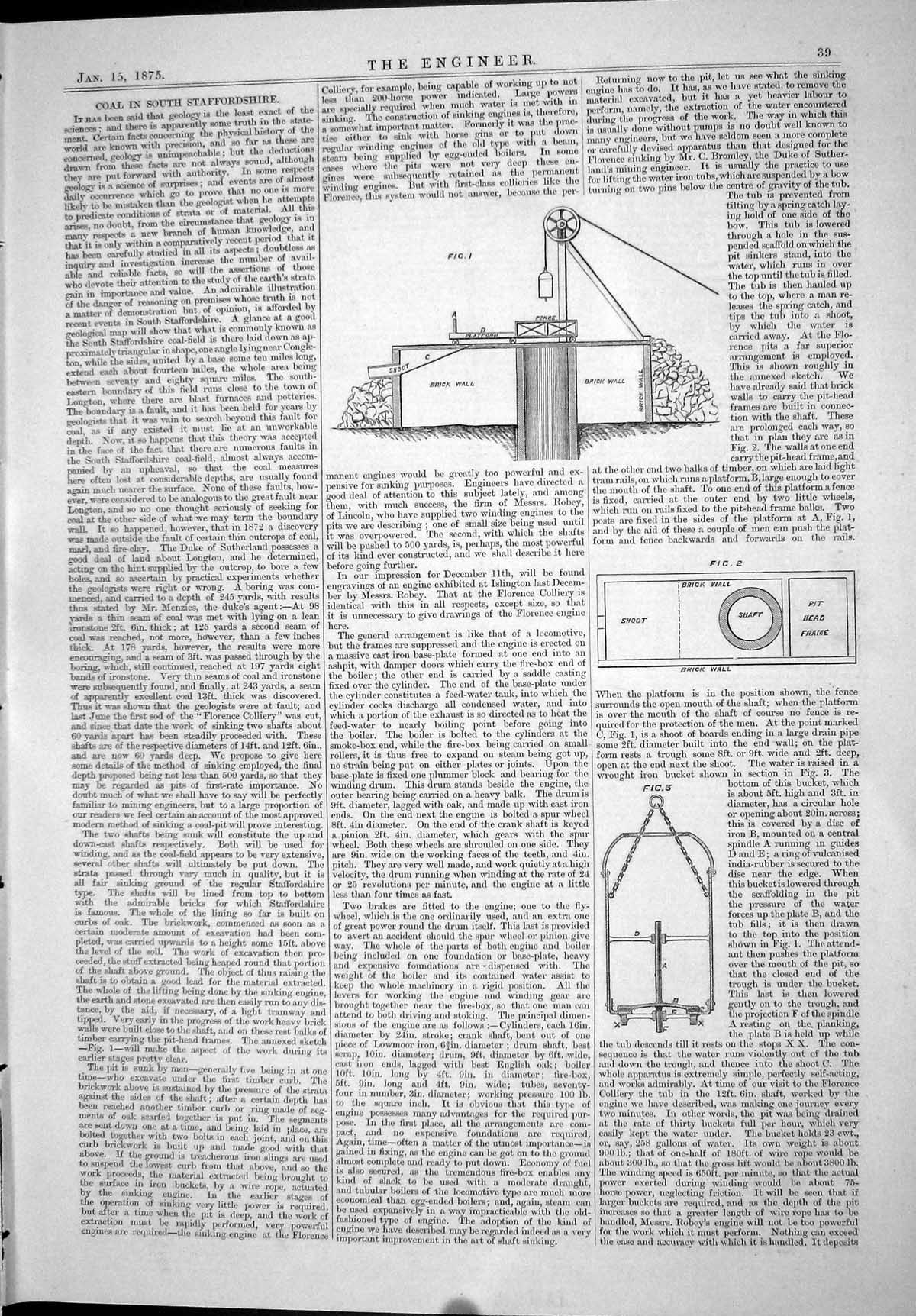 Old Print Engineering 1875 Coal Staffordshire Brick Wall Machinery Mining 19th