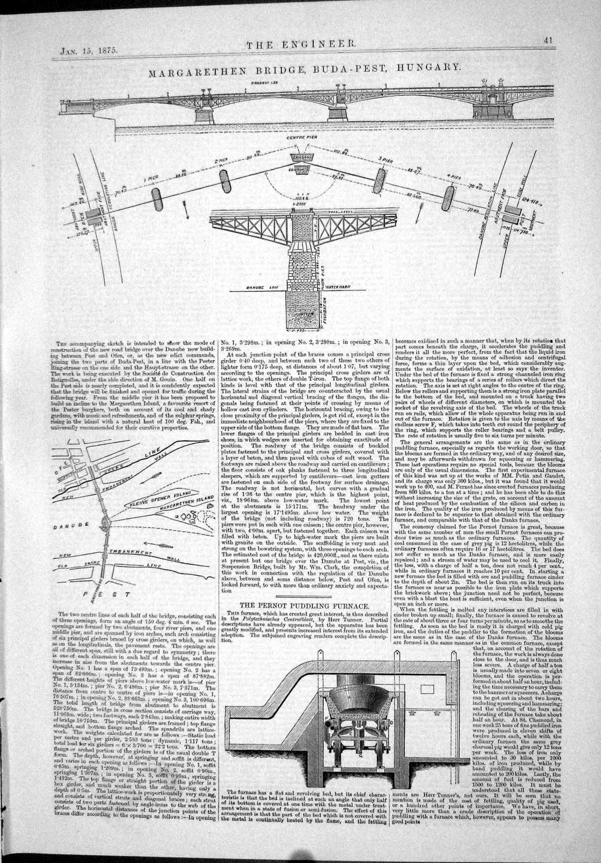 Old 1875 Margarethen Bridge Buda-Pest Hungary Pernot Puddling Furnace Victorian