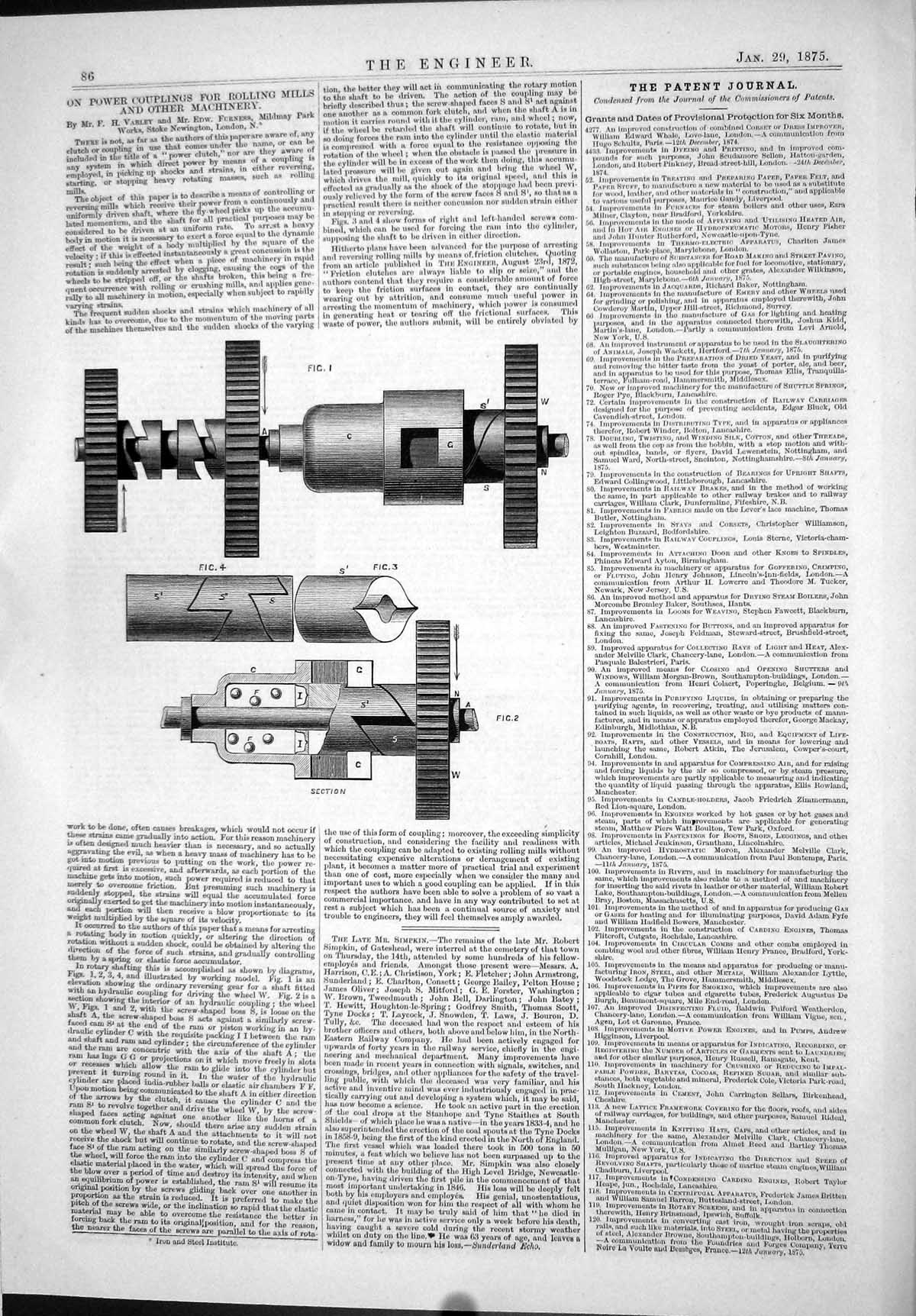 Antique Old Print 1875 Power Couplings Rolling Mills Machinery Varley Furness