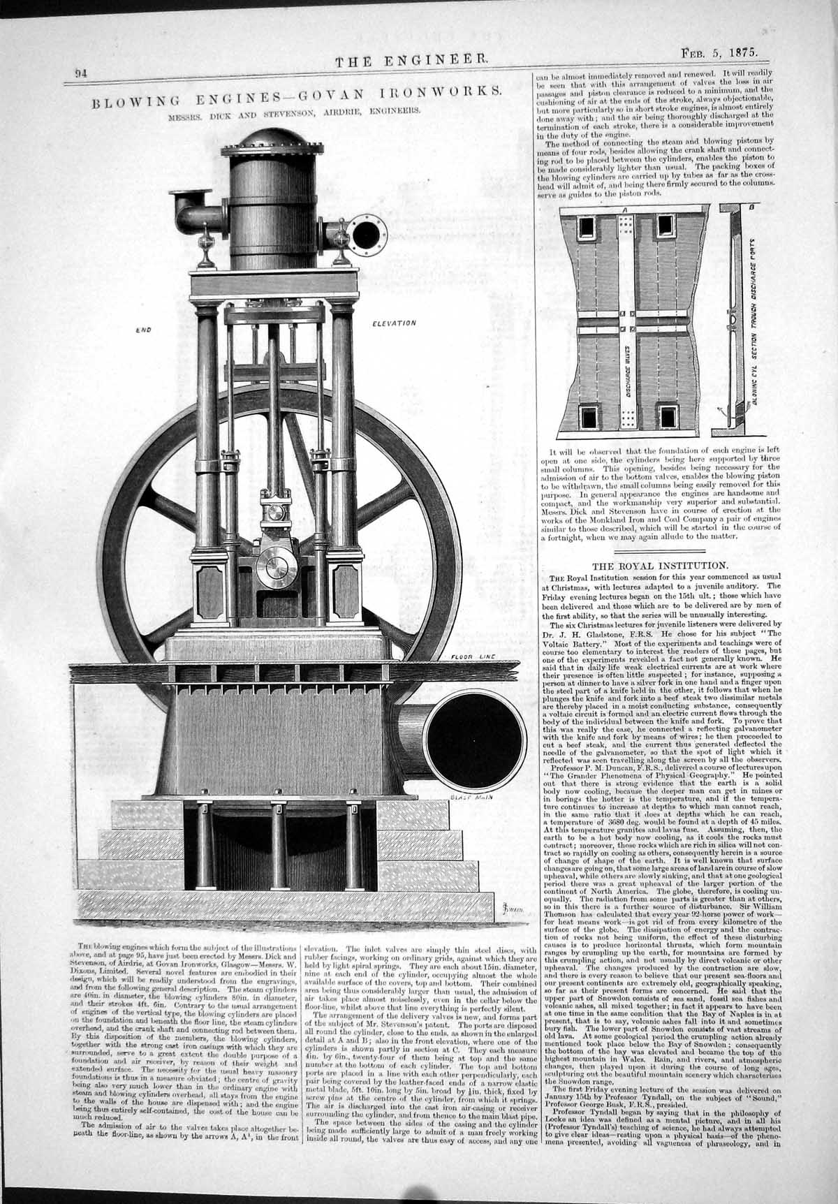 Antique Print 1875 Blowing Engines Govan Ironworks Dick Stevenson Machinery